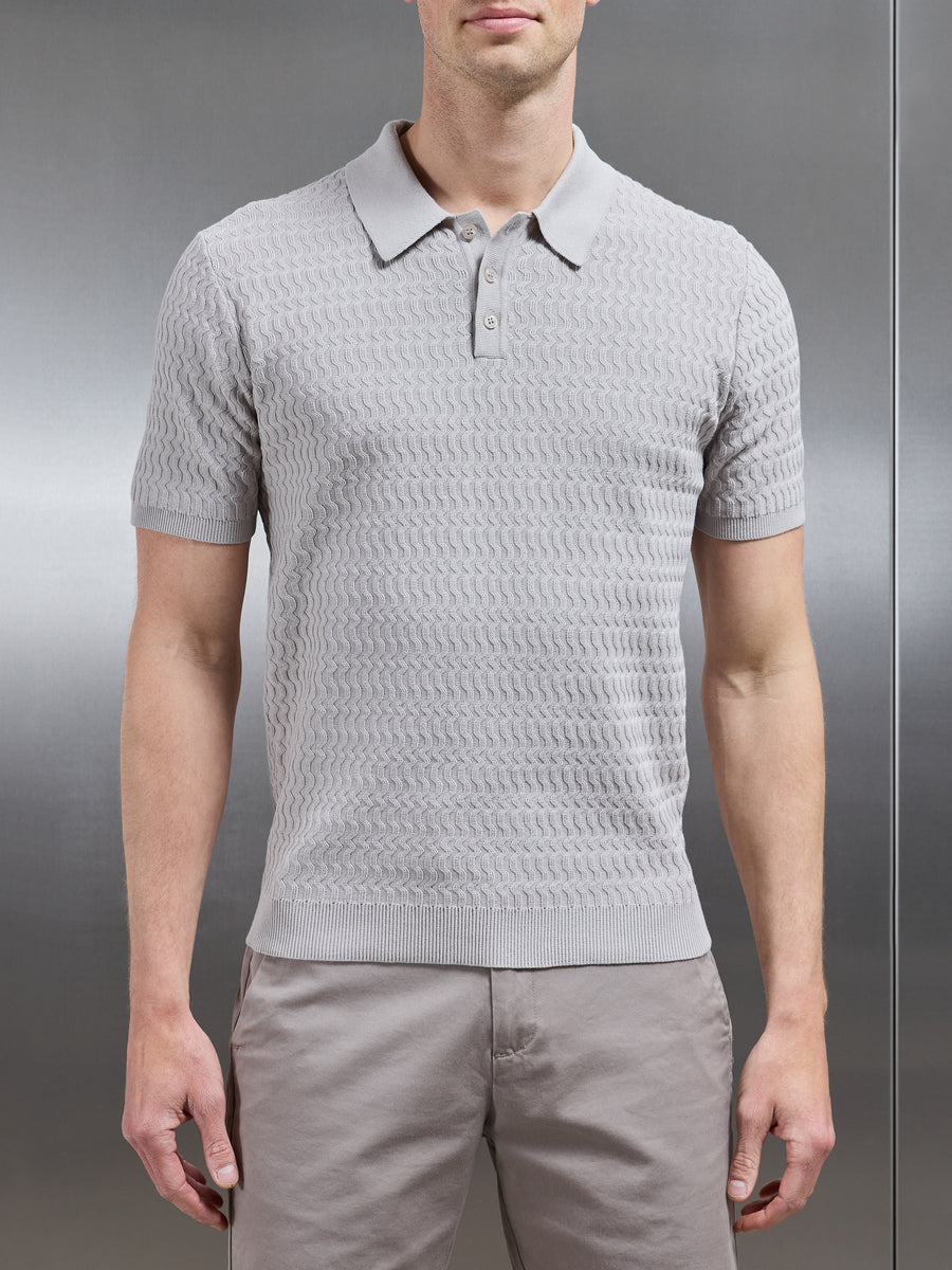 Cotton Knitted Textured Button Polo Shirt in Stone