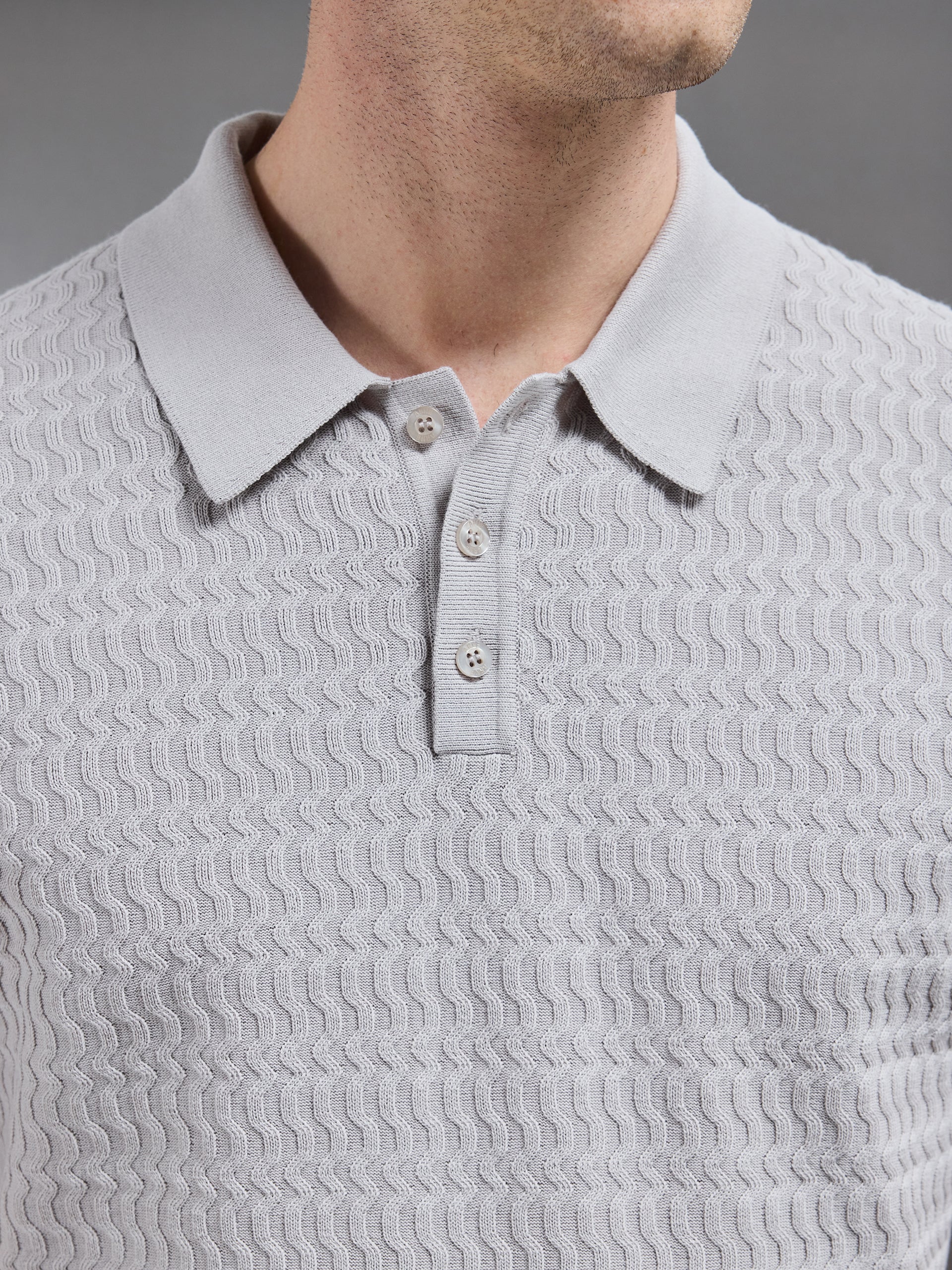 Cotton Knitted Textured Button Polo Shirt in Stone