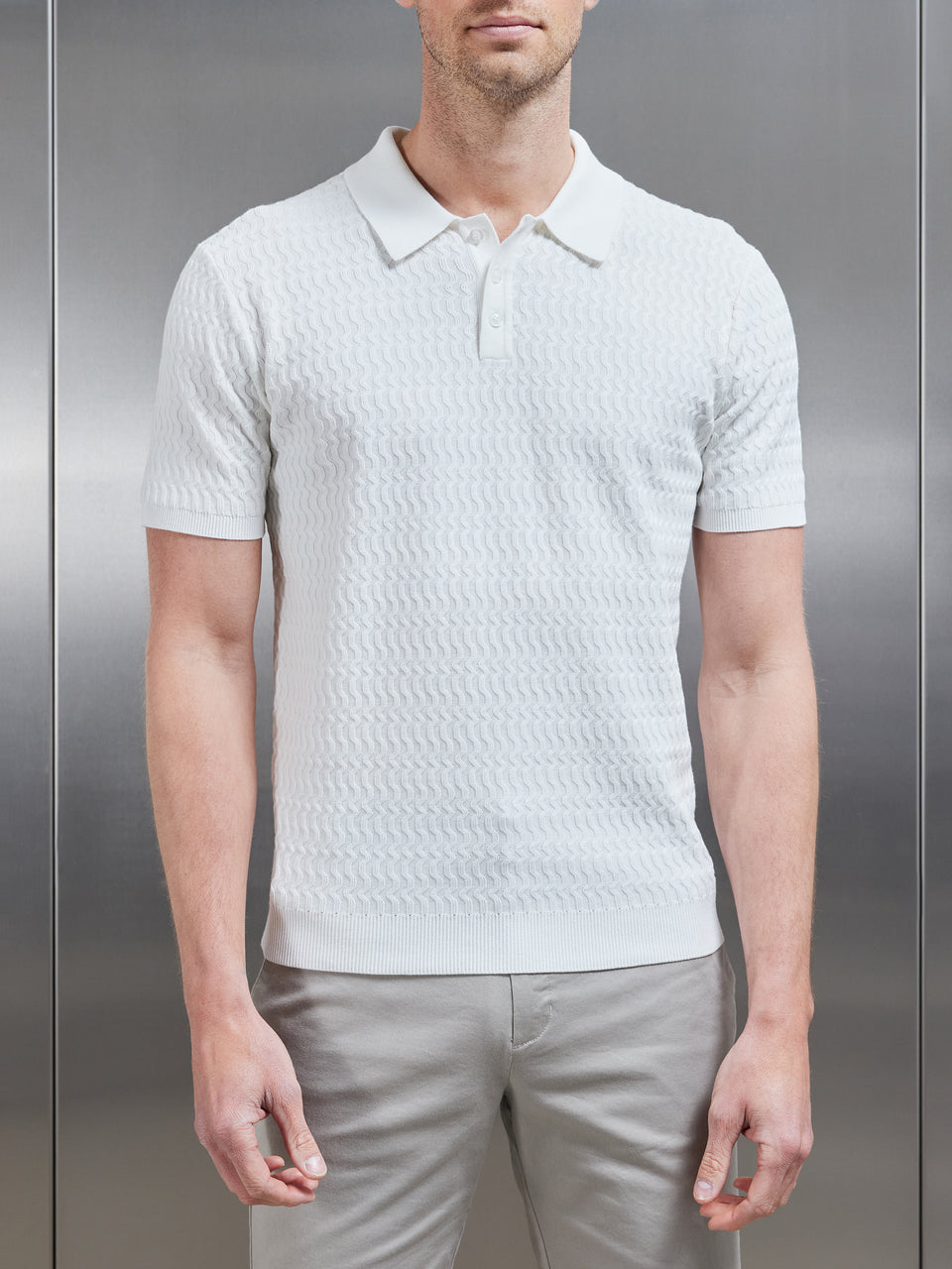Cotton Knitted Textured Button Polo Shirt in White