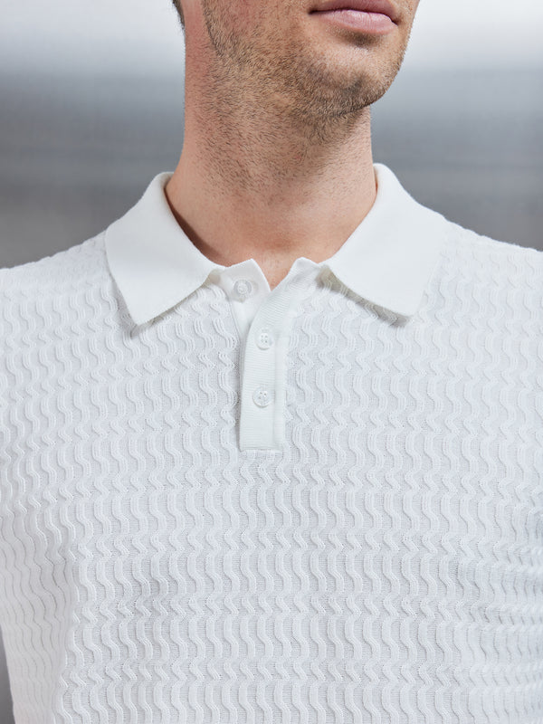 Cotton Knitted Textured Button Polo Shirt in White