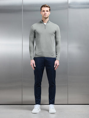 Cotton Knitted Half Zip Funnel Neck Jumper in Light Sage