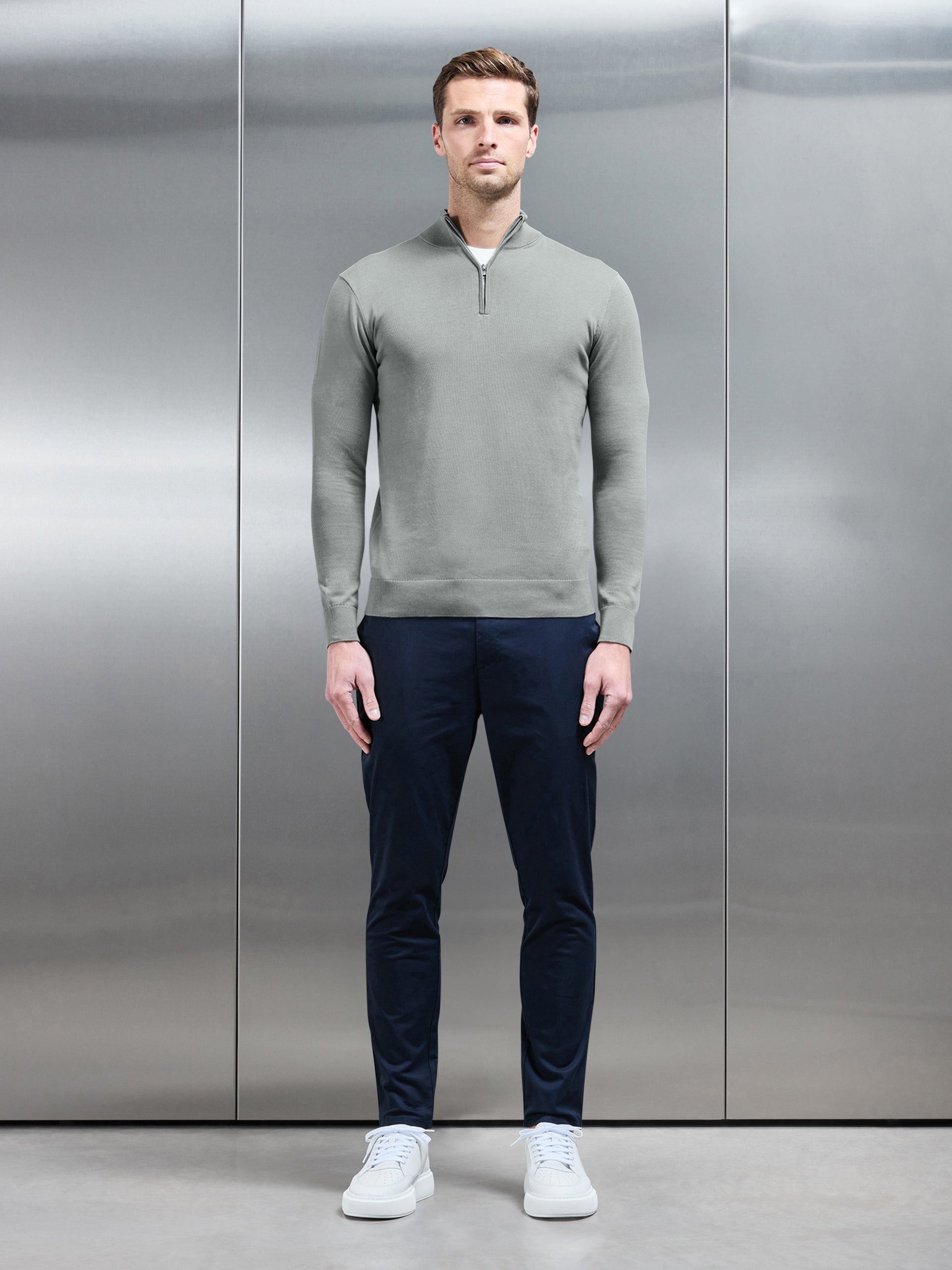 Cotton Knitted Half Zip Funnel Neck Jumper in Light Sage