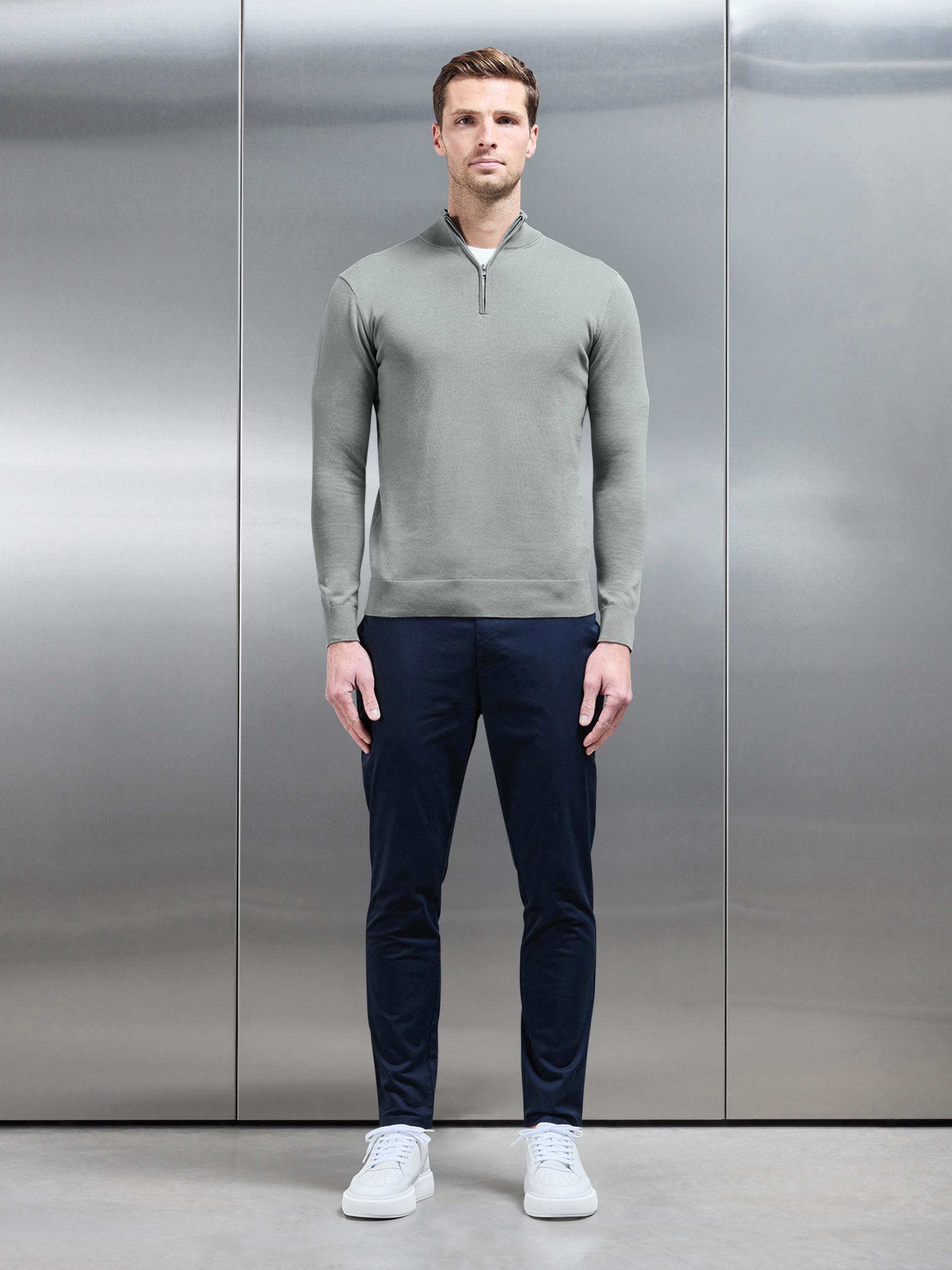 Cotton Knitted Half Zip Funnel Neck Jumper in Light Sage