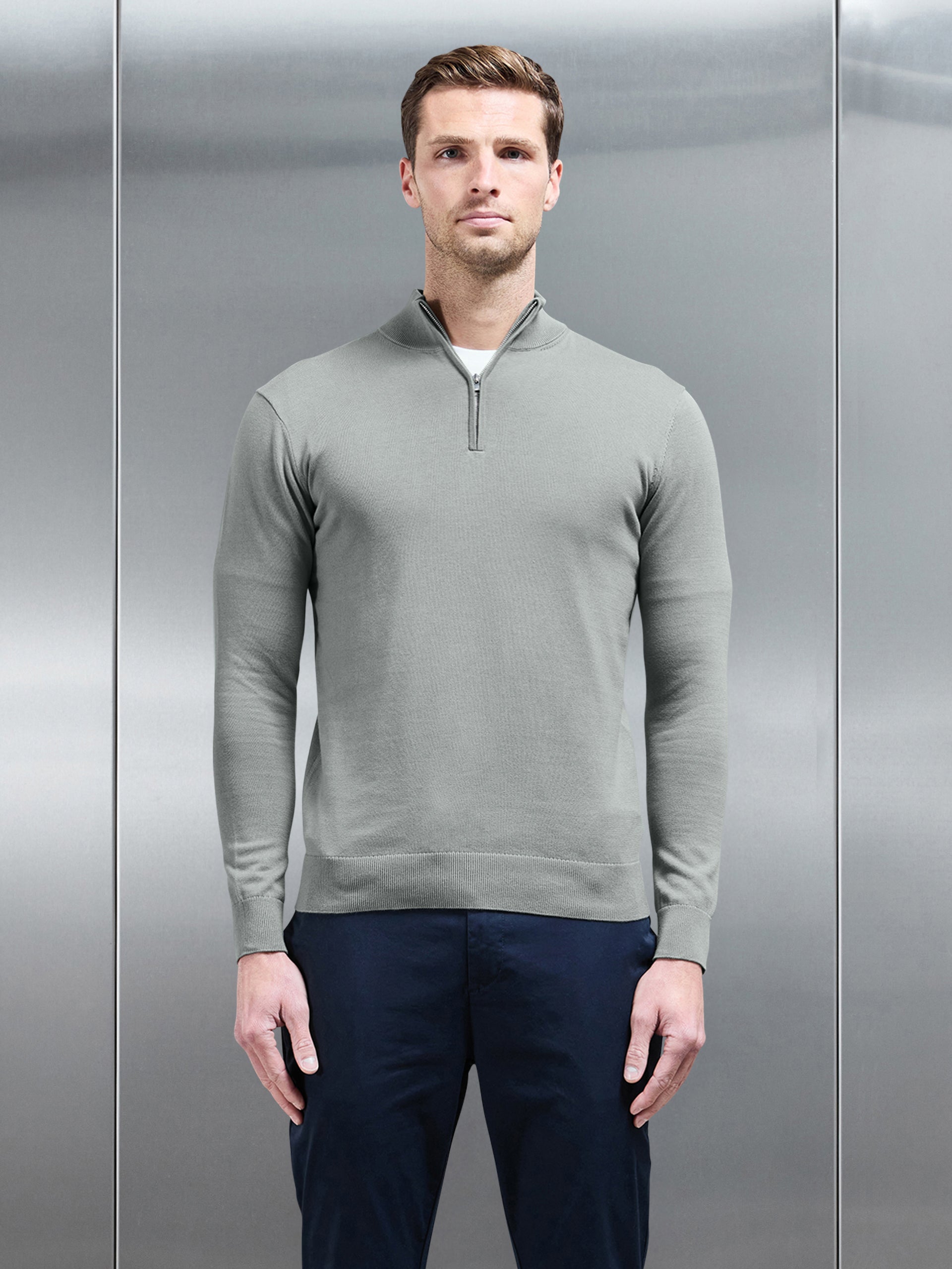 Cotton Knitted Half Zip Funnel Neck Jumper in Light Sage