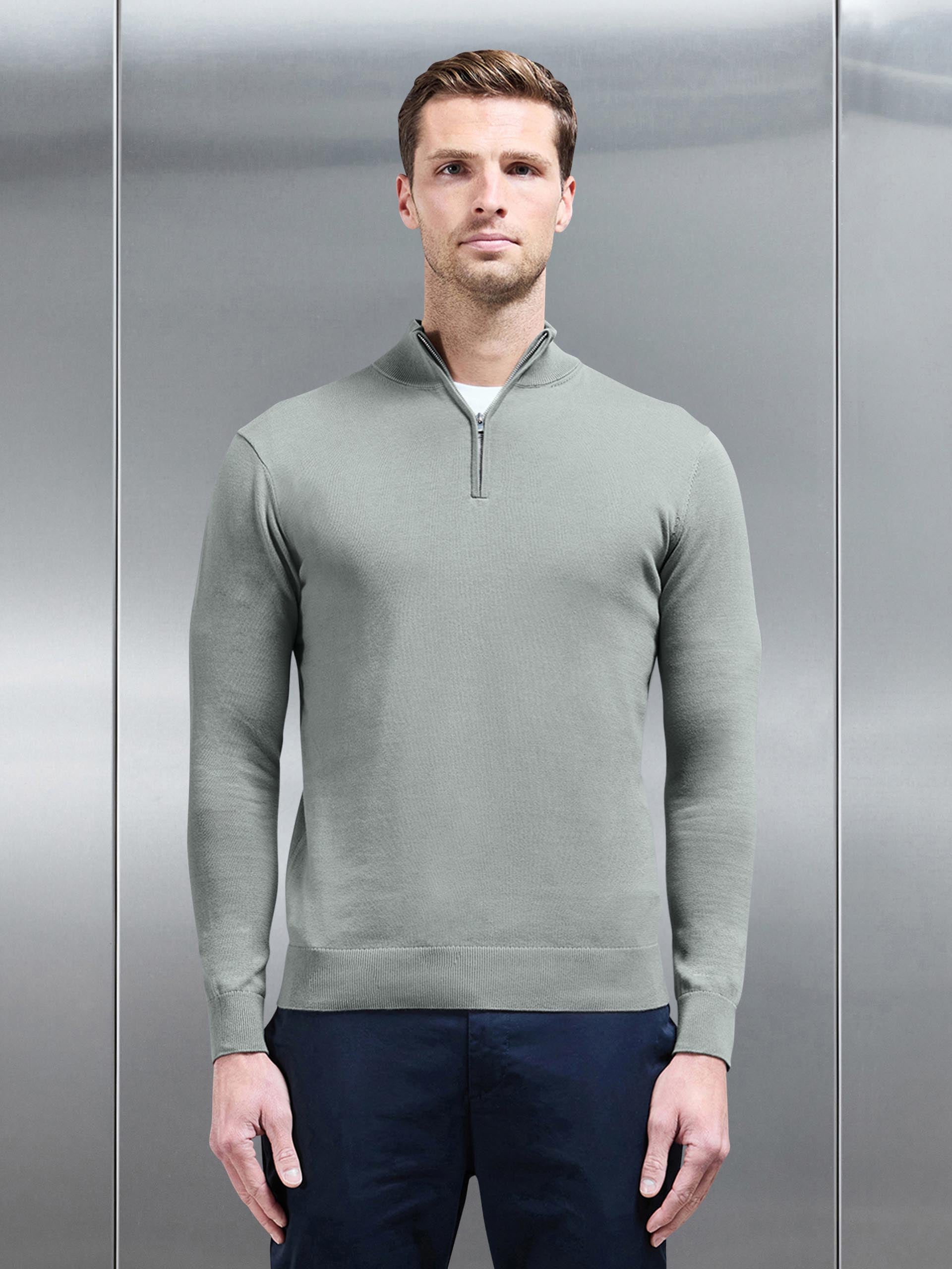 Cotton Knitted Half Zip Funnel Neck Jumper in Light Sage