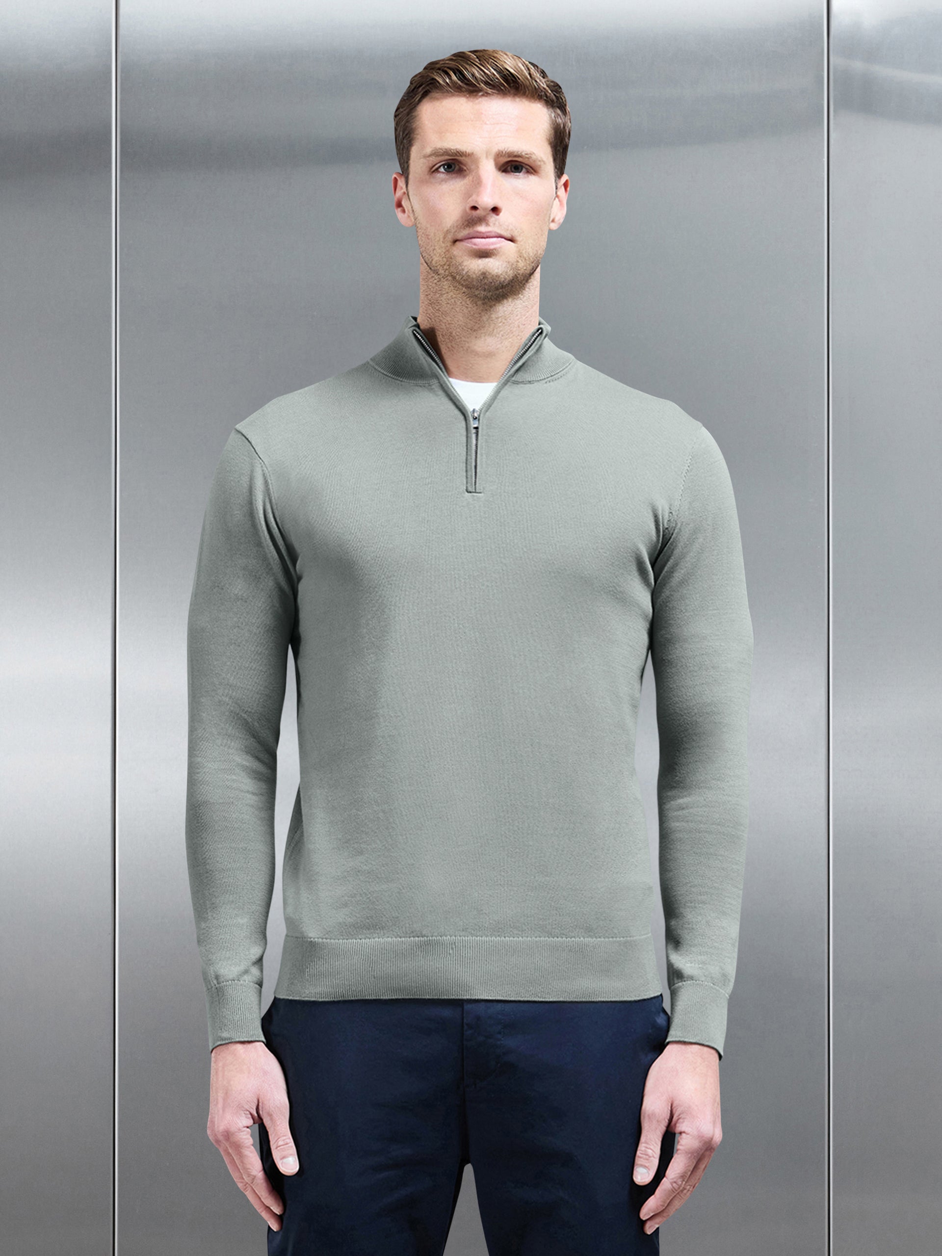 Cotton Knitted Half Zip Funnel Neck Jumper in Light Sage