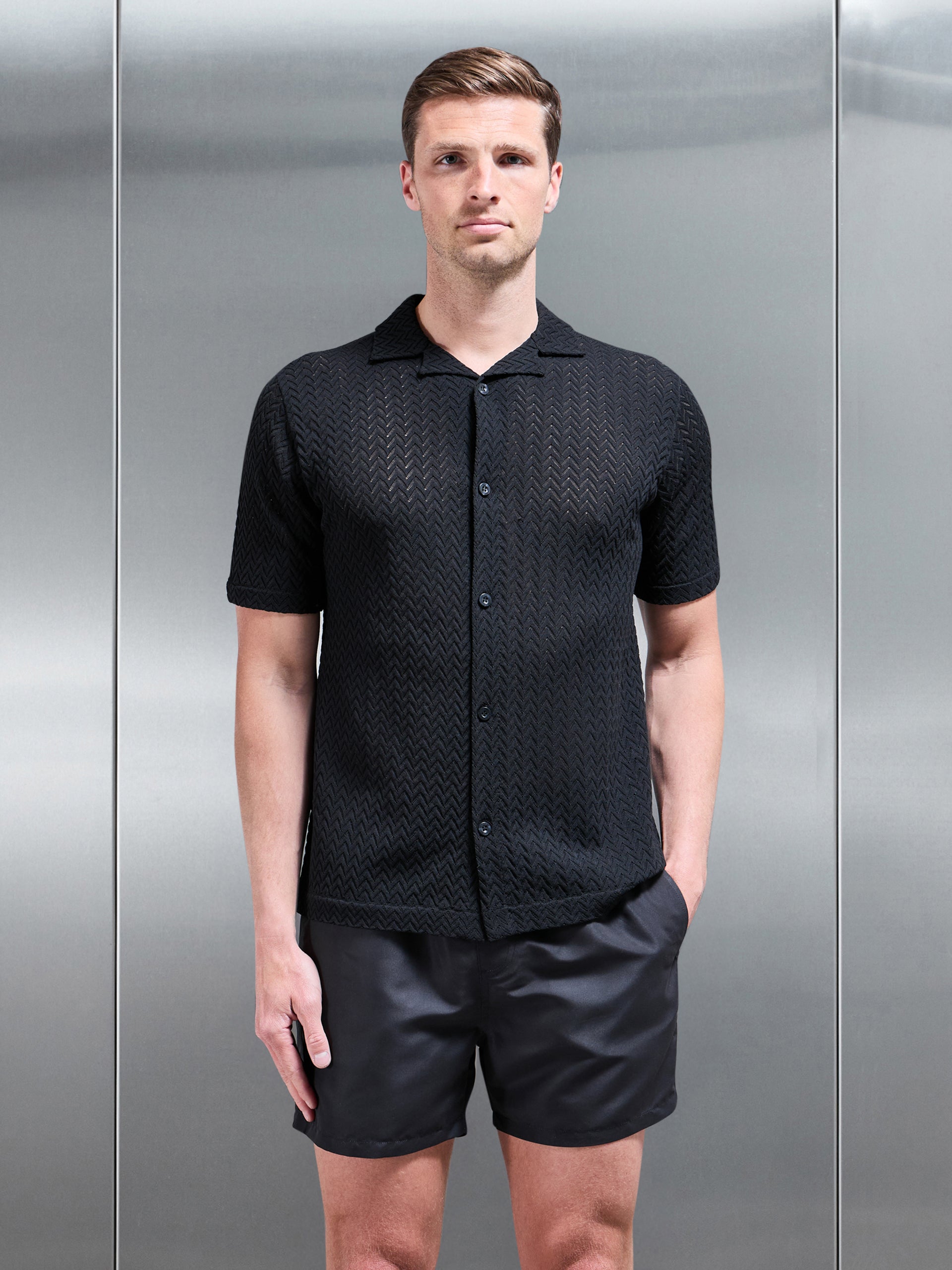 Crochet Revere Collar Shirt in Black