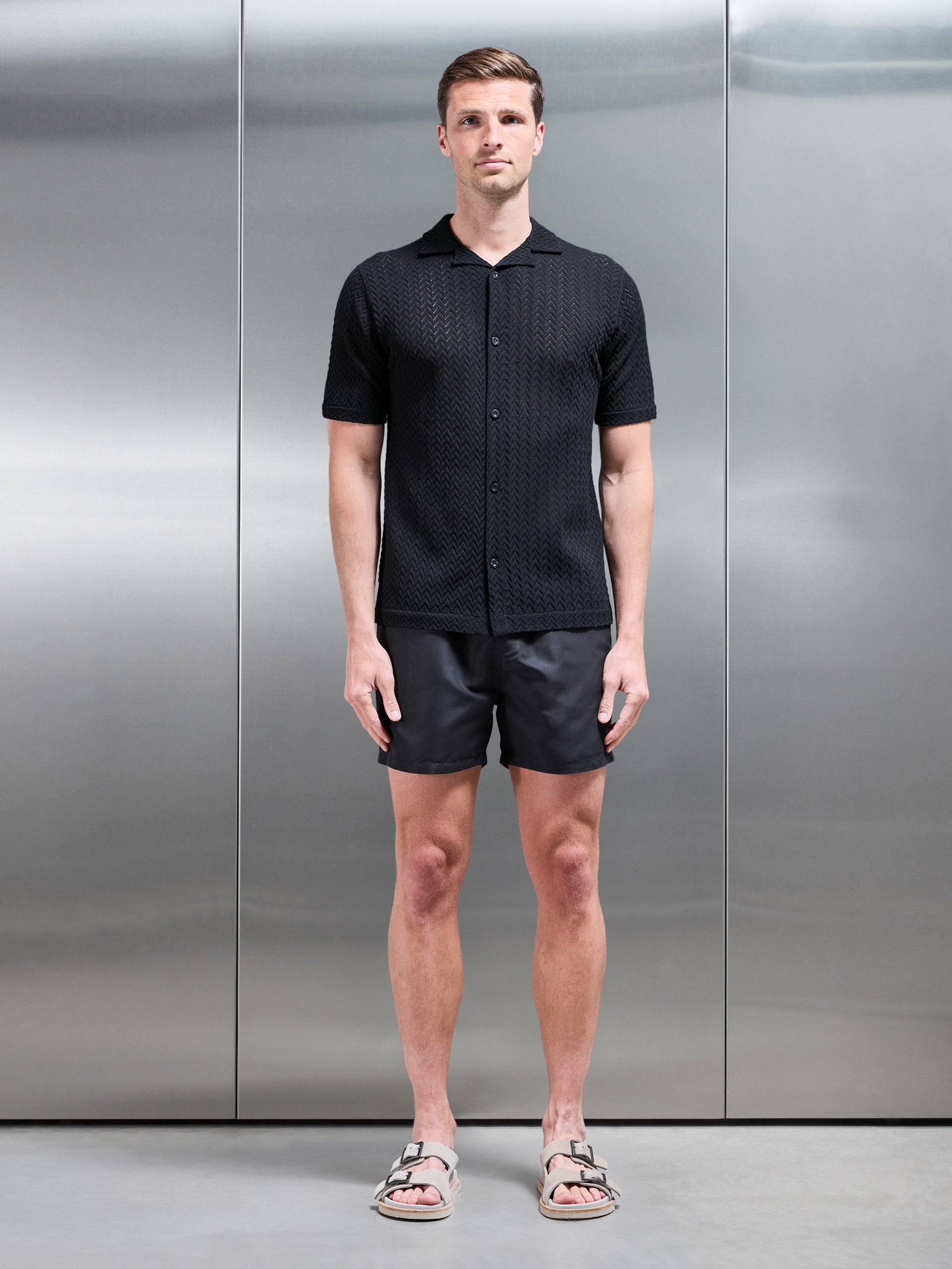 Crochet Revere Collar Shirt in Black