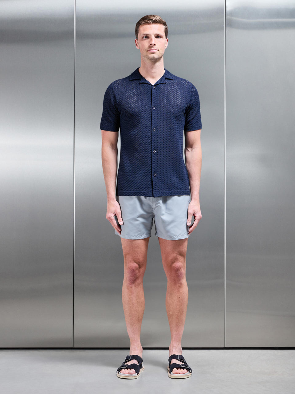 Crochet Revere Collar Shirt in Navy