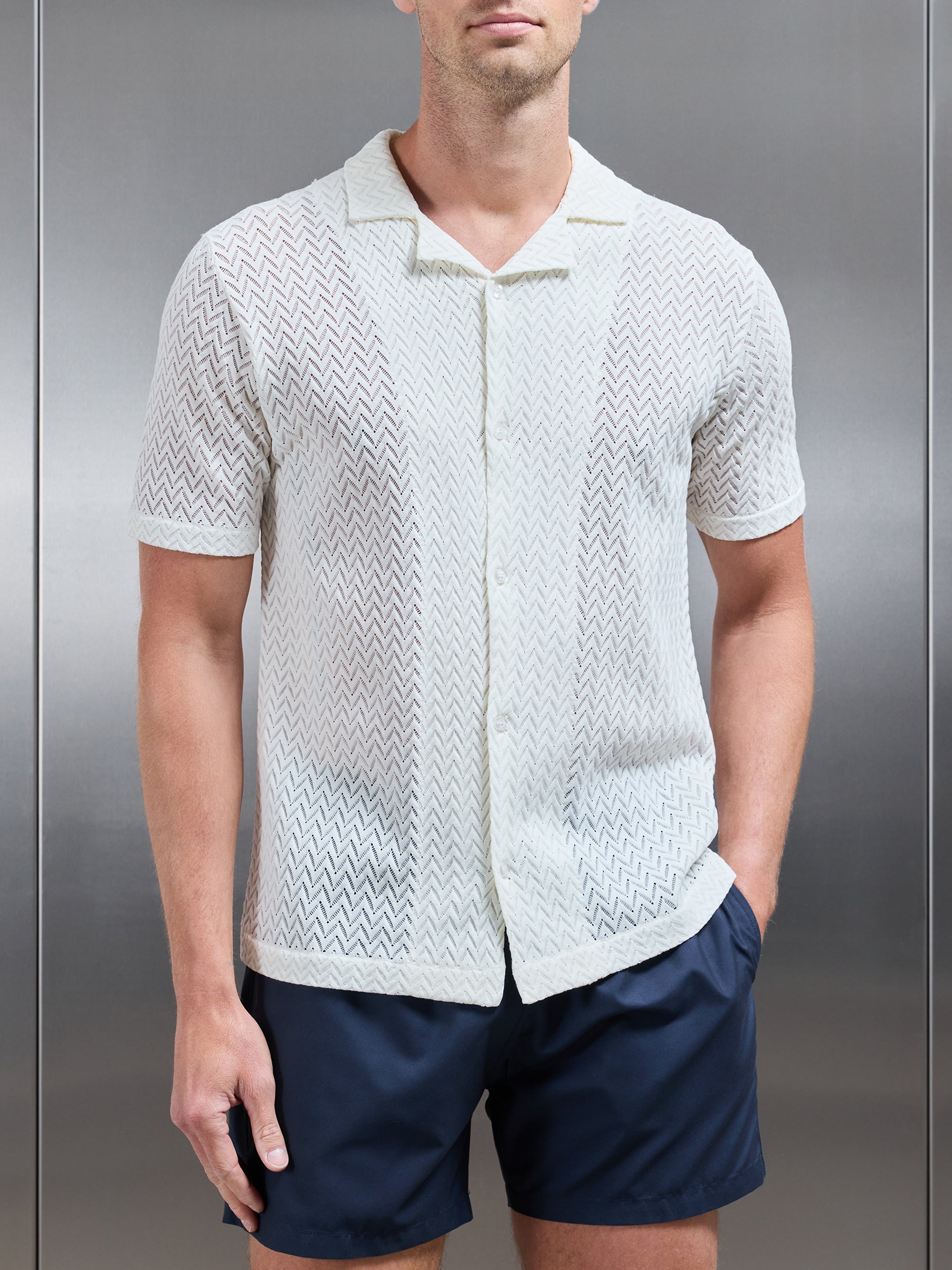 Crochet Revere Collar Shirt in Ecru