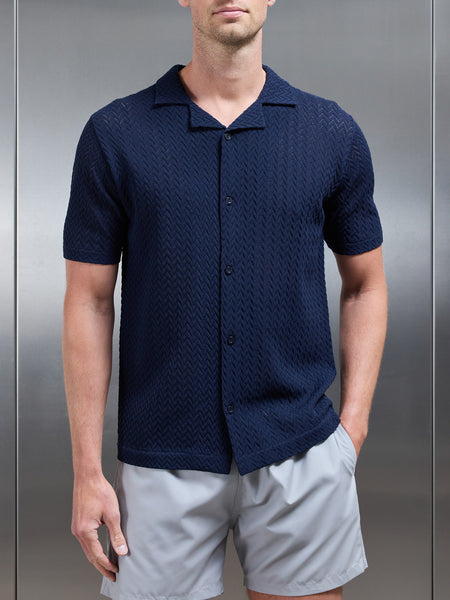 Crochet Revere Collar Shirt in Navy