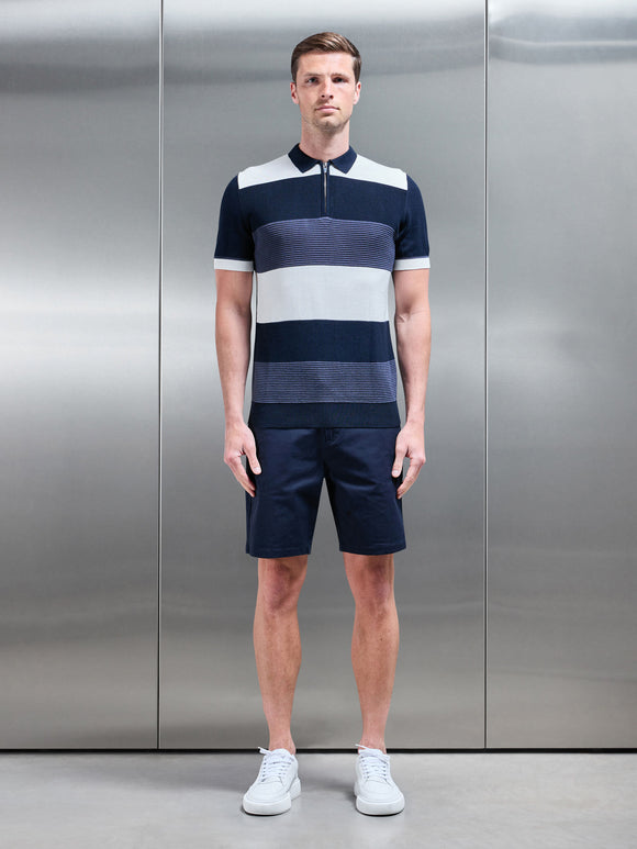 Colour Block Knitted Zip Polo Shirt in Navy