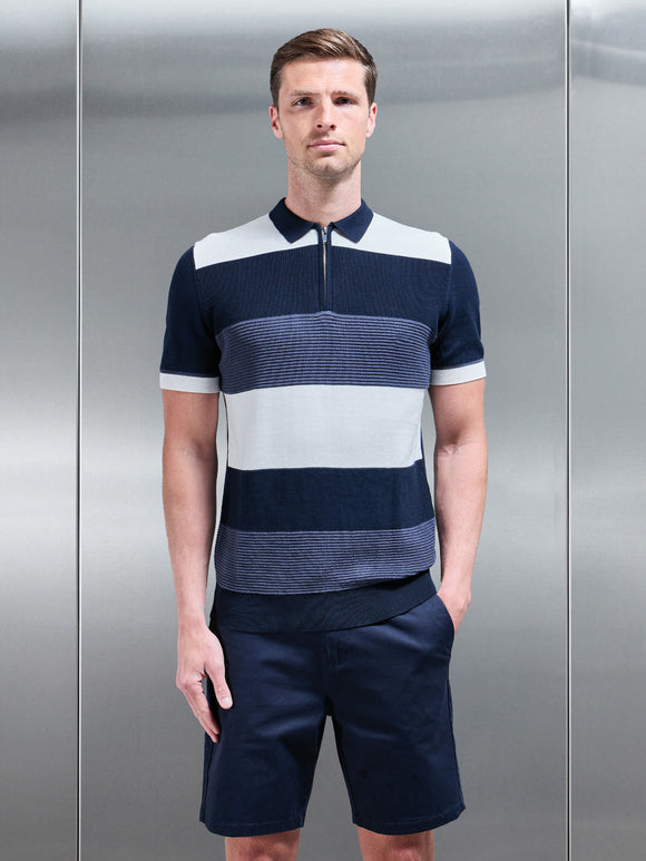 Colour Block Knitted Zip Polo Shirt in Navy