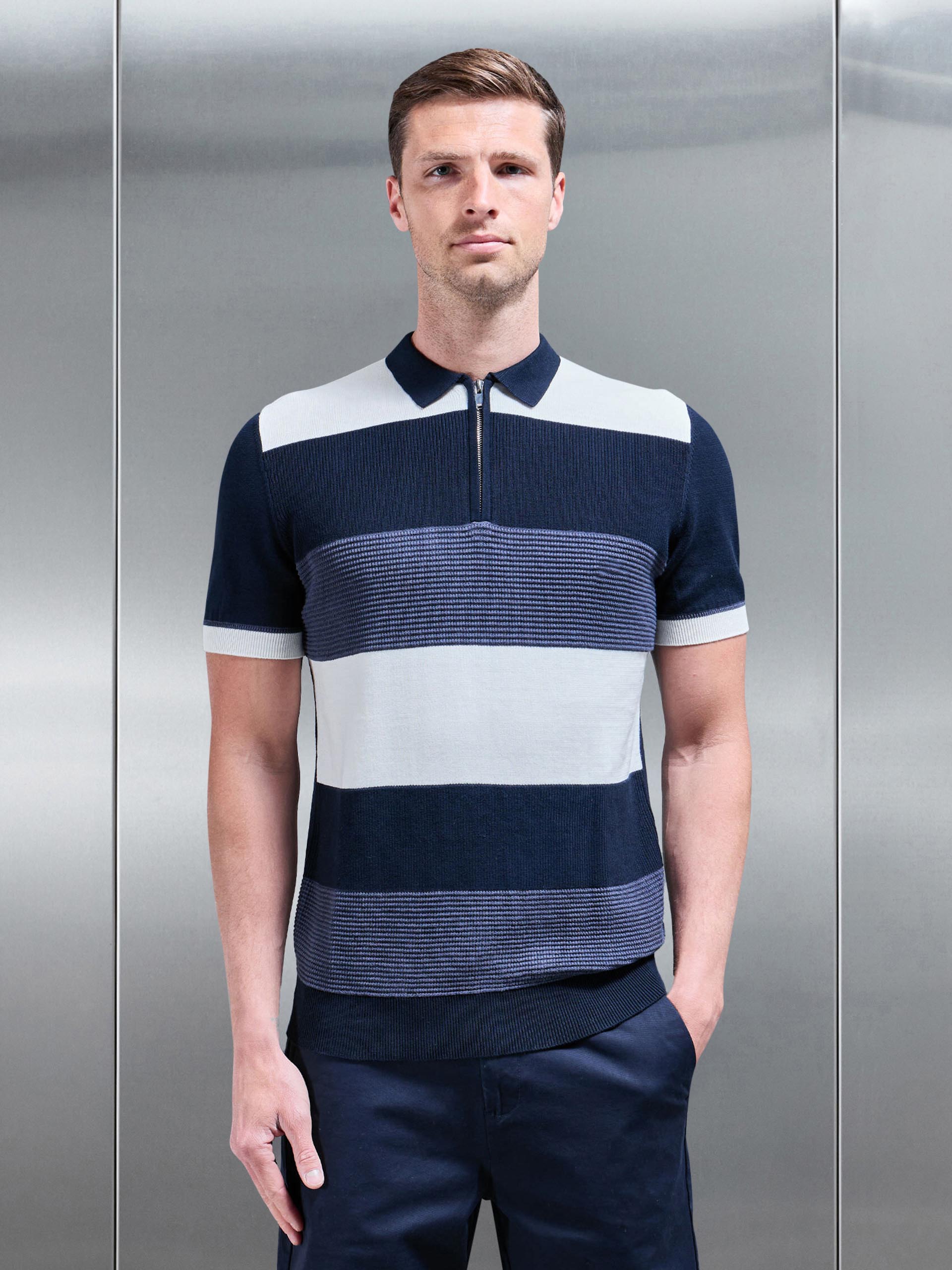 Colour Block Knitted Zip Polo Shirt in Navy