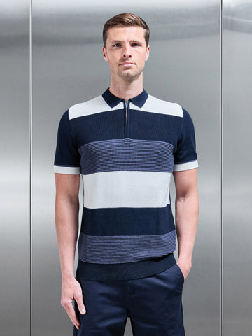 Colour Block Knitted Zip Polo Shirt in Navy