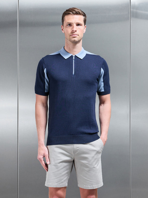 Colour Block Zip Polo Shirt in Navy