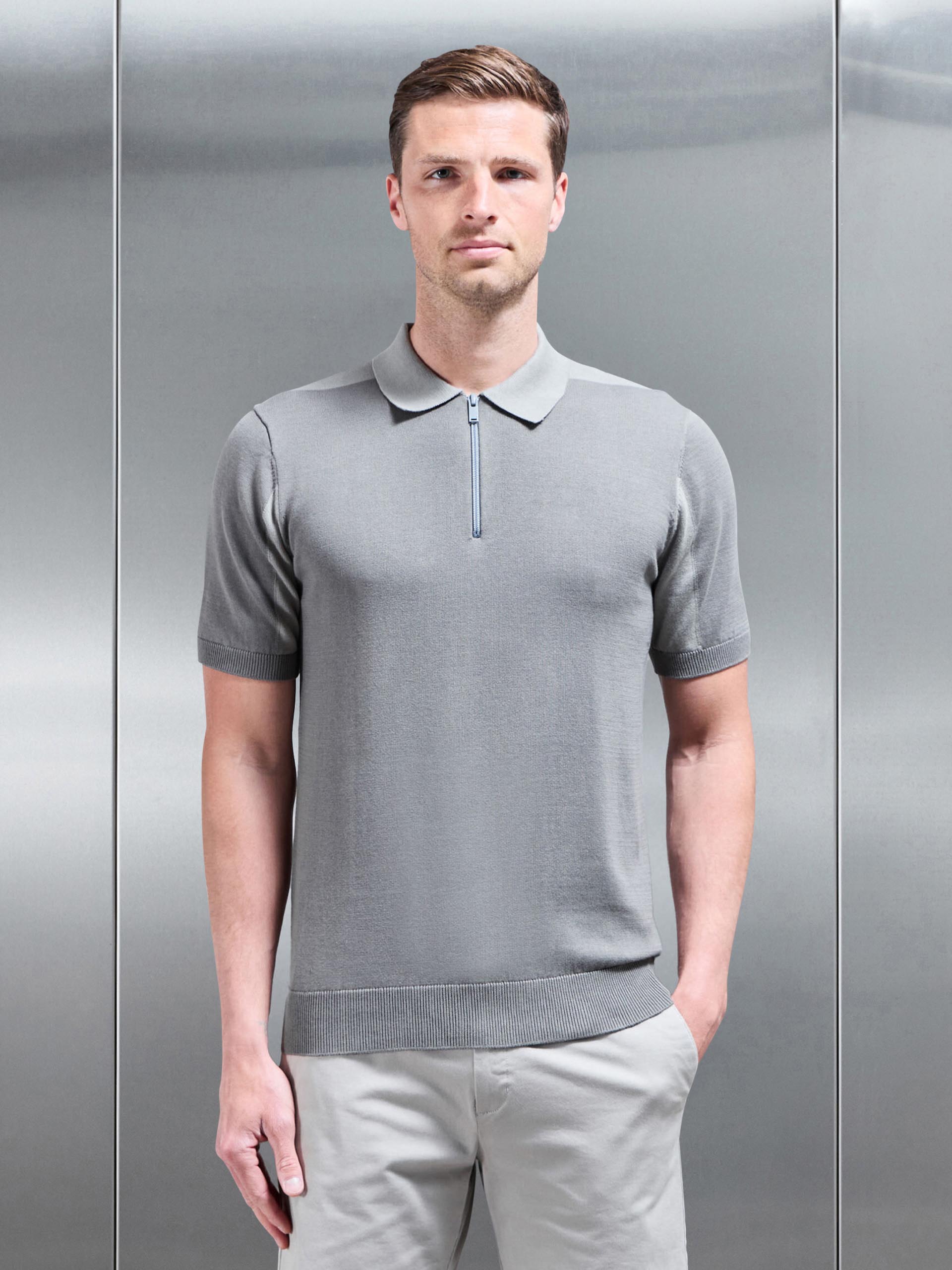 Colour Block Zip Polo Shirt in Sage