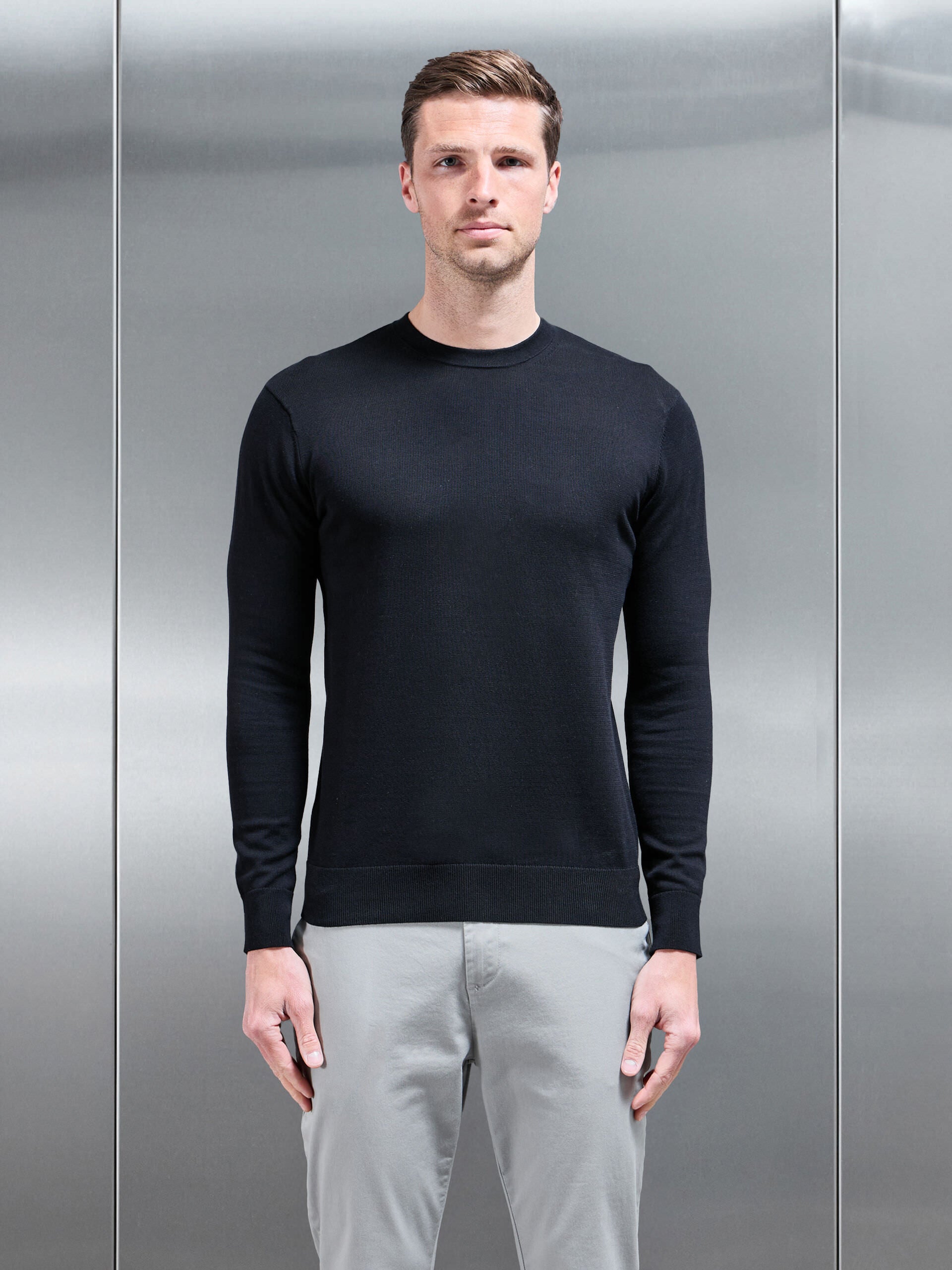 Cotton Knitted Crew Neck Sweatshirt in Black