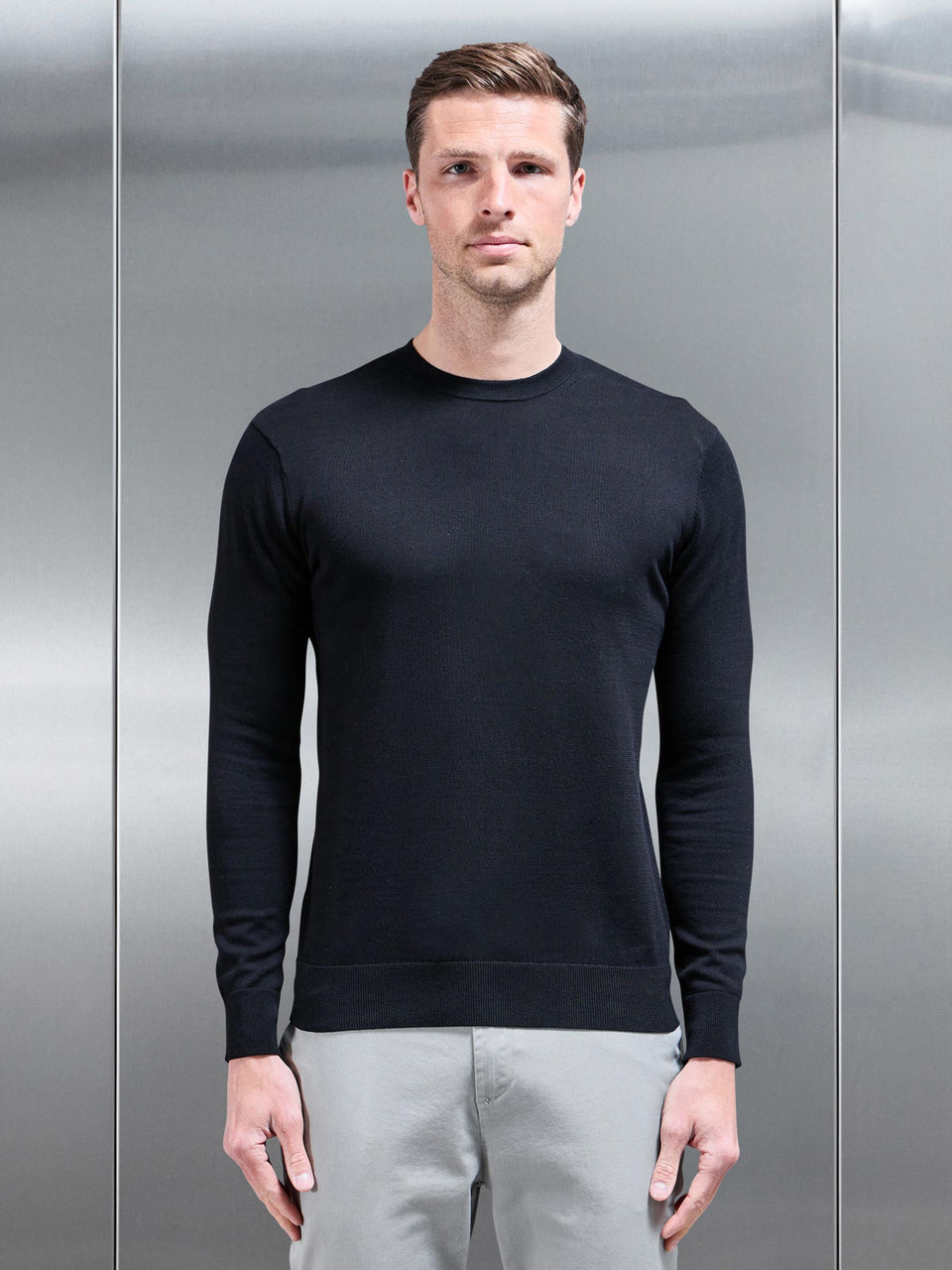 Cotton Knitted Crew Neck Sweatshirt in Black