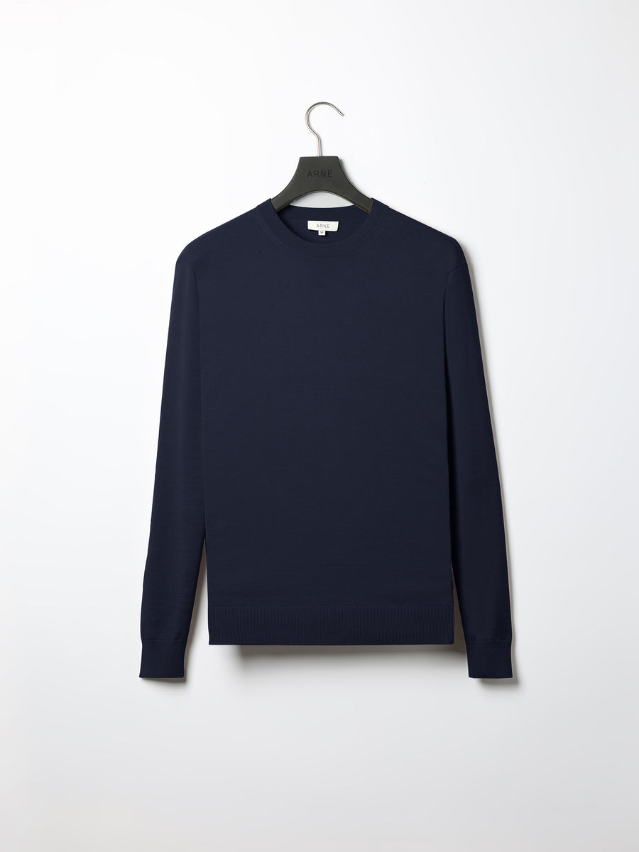 Cotton Knitted Crew Neck Sweatshirt in Navy