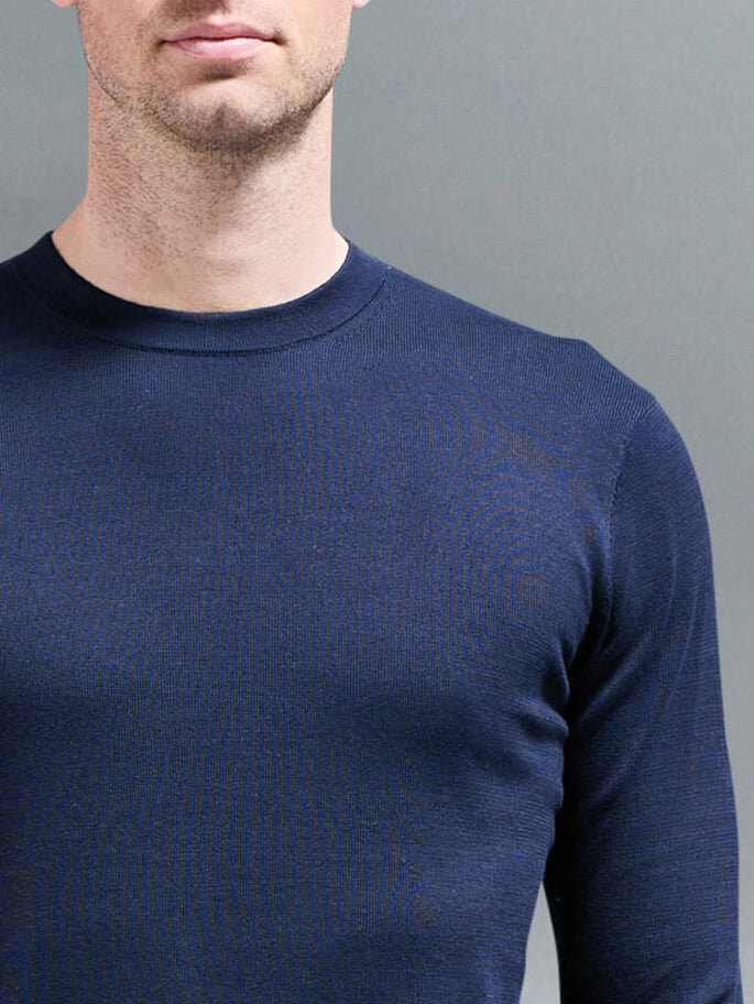 Cotton Knitted Crew Neck Sweatshirt in Navy