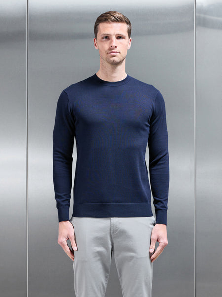 Cotton Knitted Crew Neck Sweatshirt in Navy