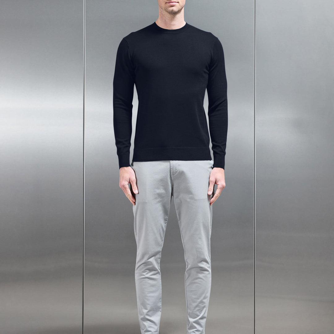 Cotton Knitted Crew Neck Sweatshirt in Navy