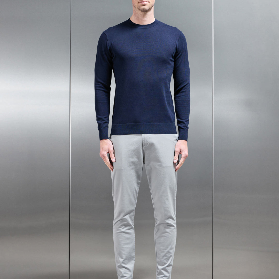 Cotton Knitted Crew Neck Sweatshirt in Navy