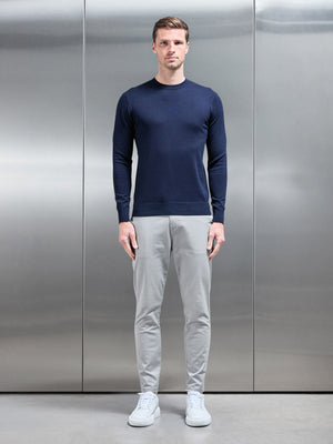 Cotton Knitted Crew Neck Sweatshirt in Navy