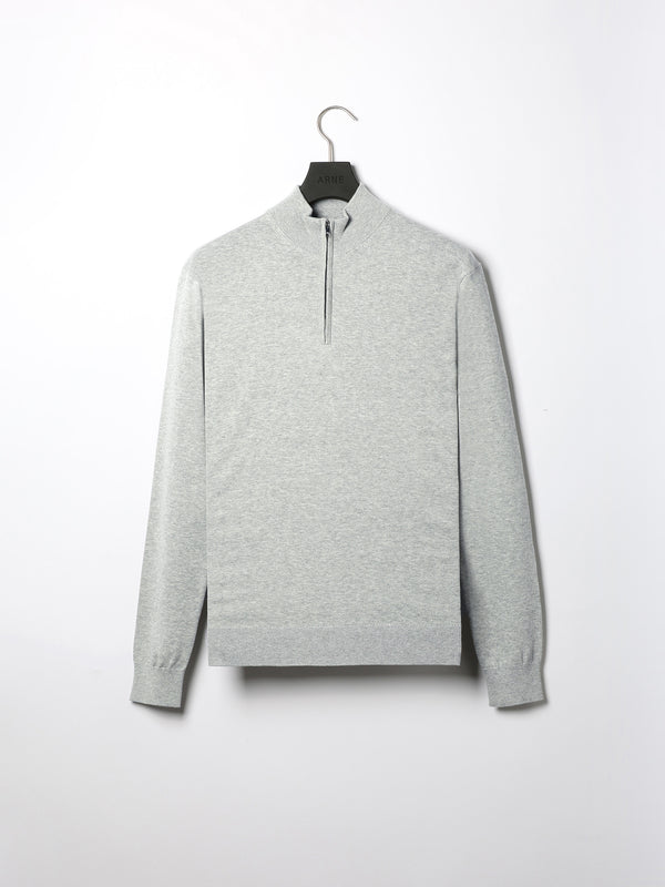 Cotton Knitted Half Zip Funnel Neck Jumper in Marl Grey