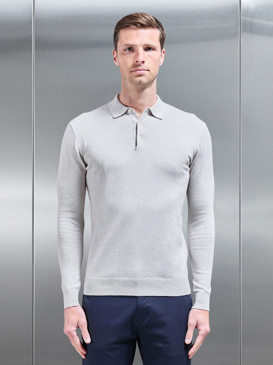 Cotton Knitted Long Sleeve Button Polo Shirt in Oatmeal