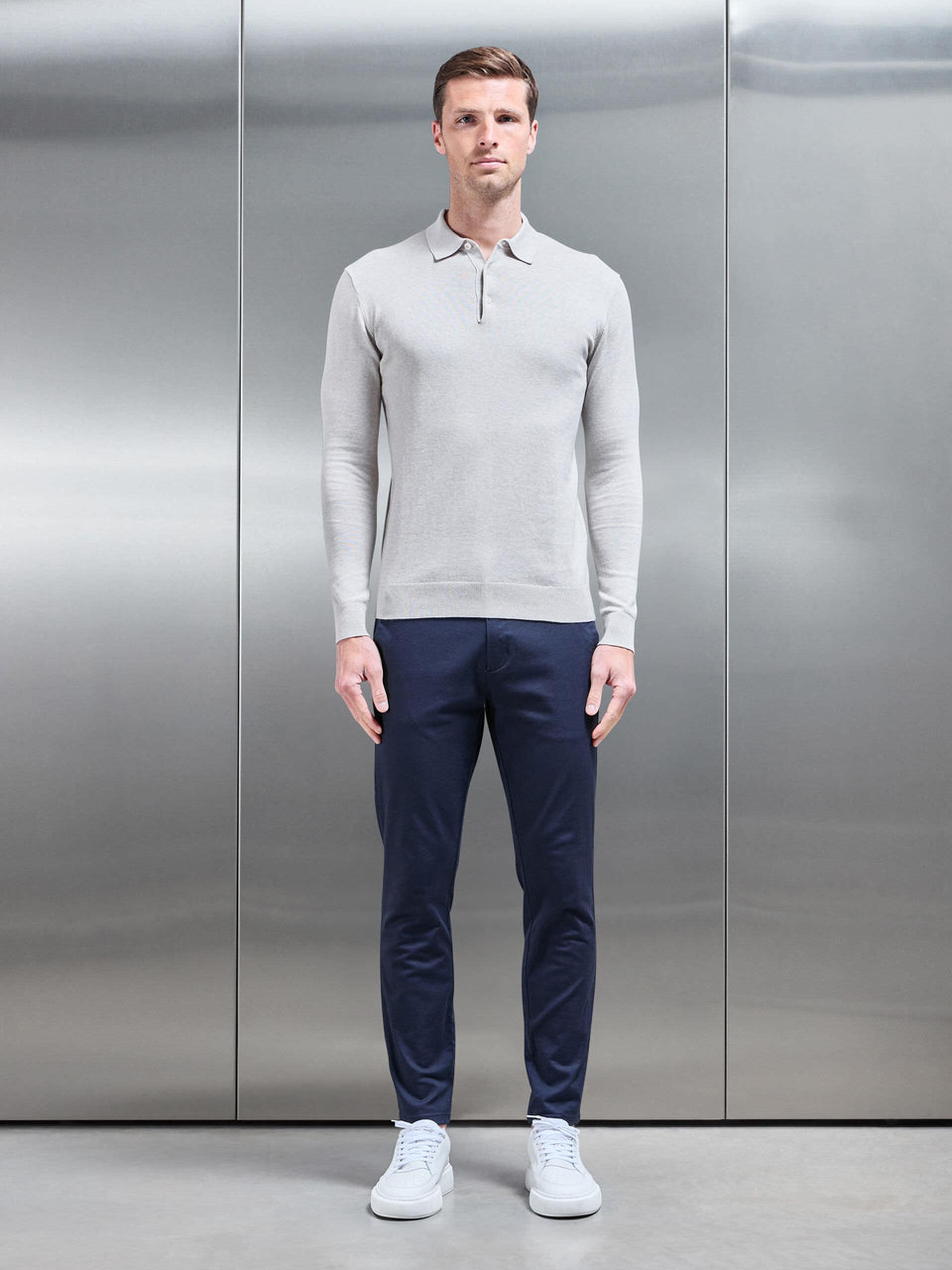 Cotton Knitted Long Sleeve Button Polo Shirt in Oatmeal