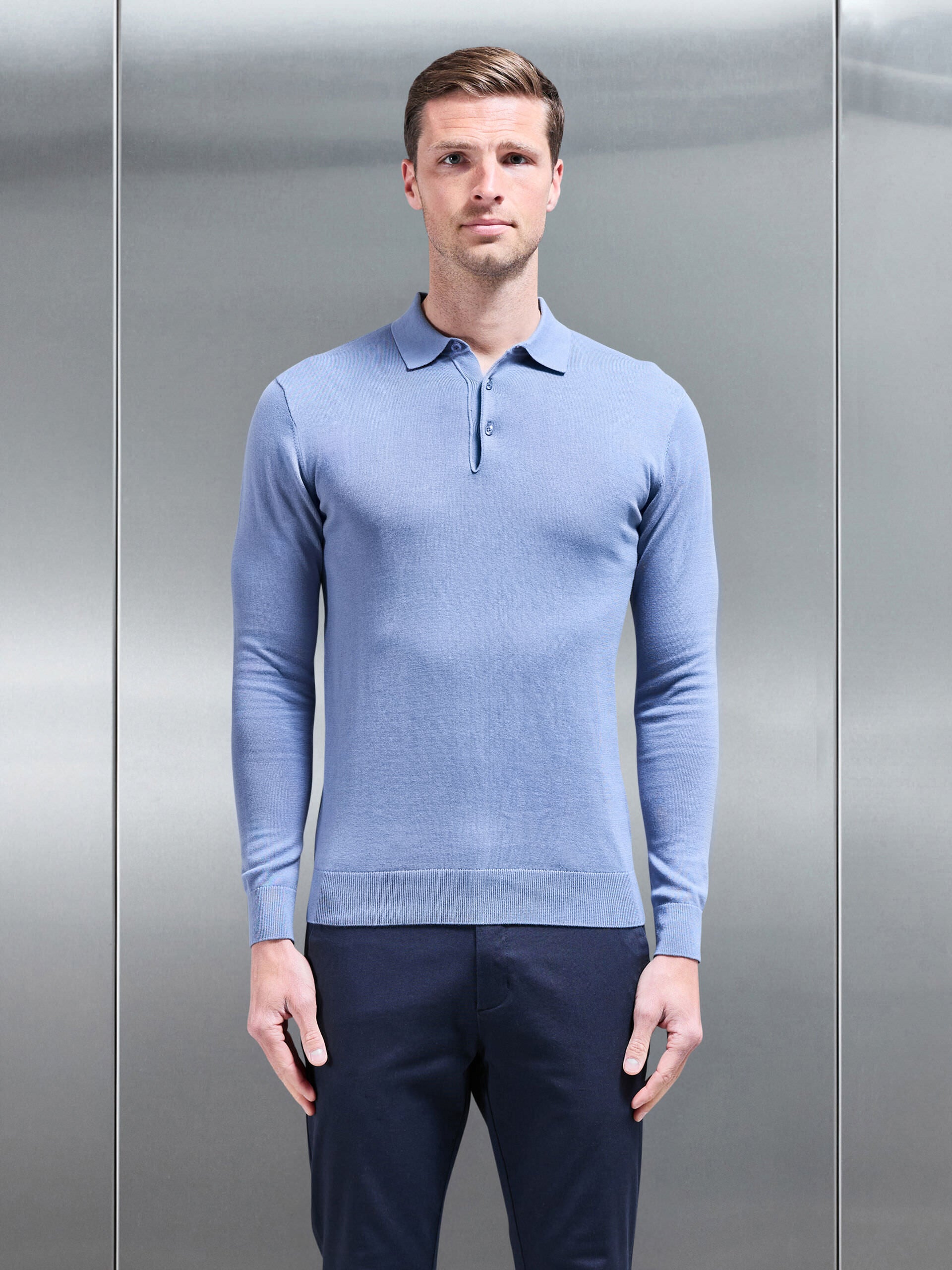 Cotton Knitted Long Sleeve Button Polo Shirt in Silk Blue