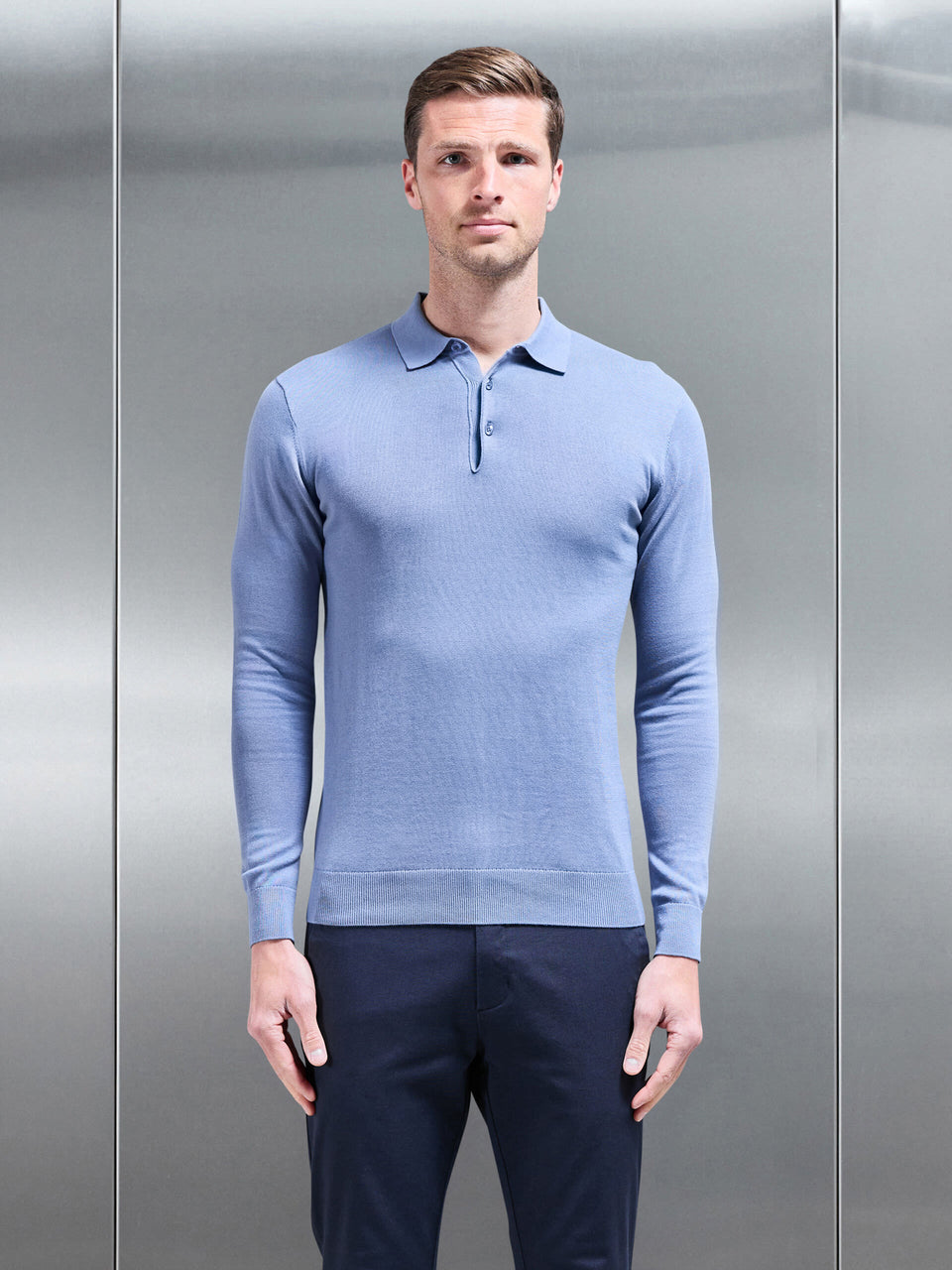 Cotton Knitted Long Sleeve Button Polo Shirt in Silk Blue