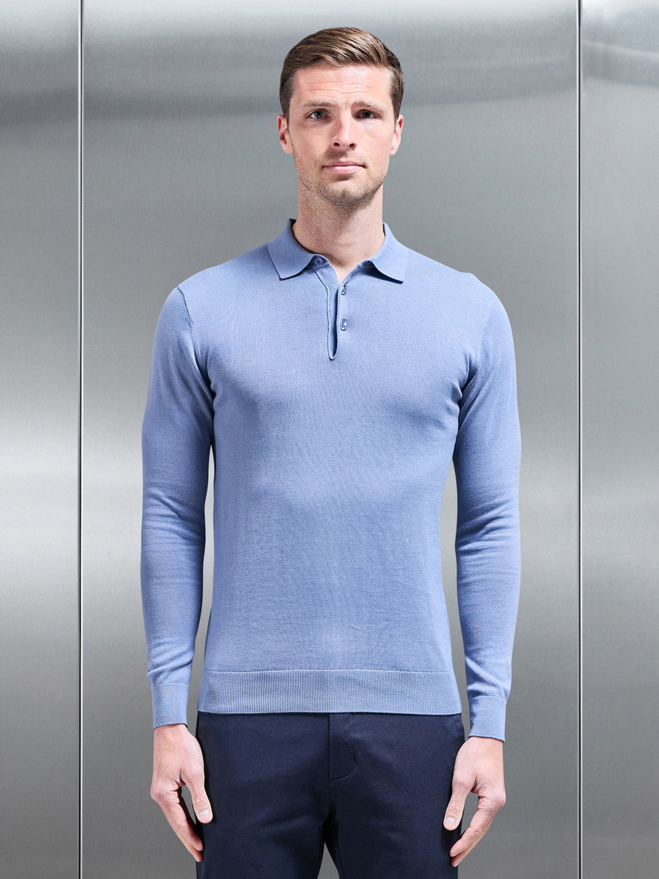Cotton Knitted Long Sleeve Button Polo Shirt in Silk Blue