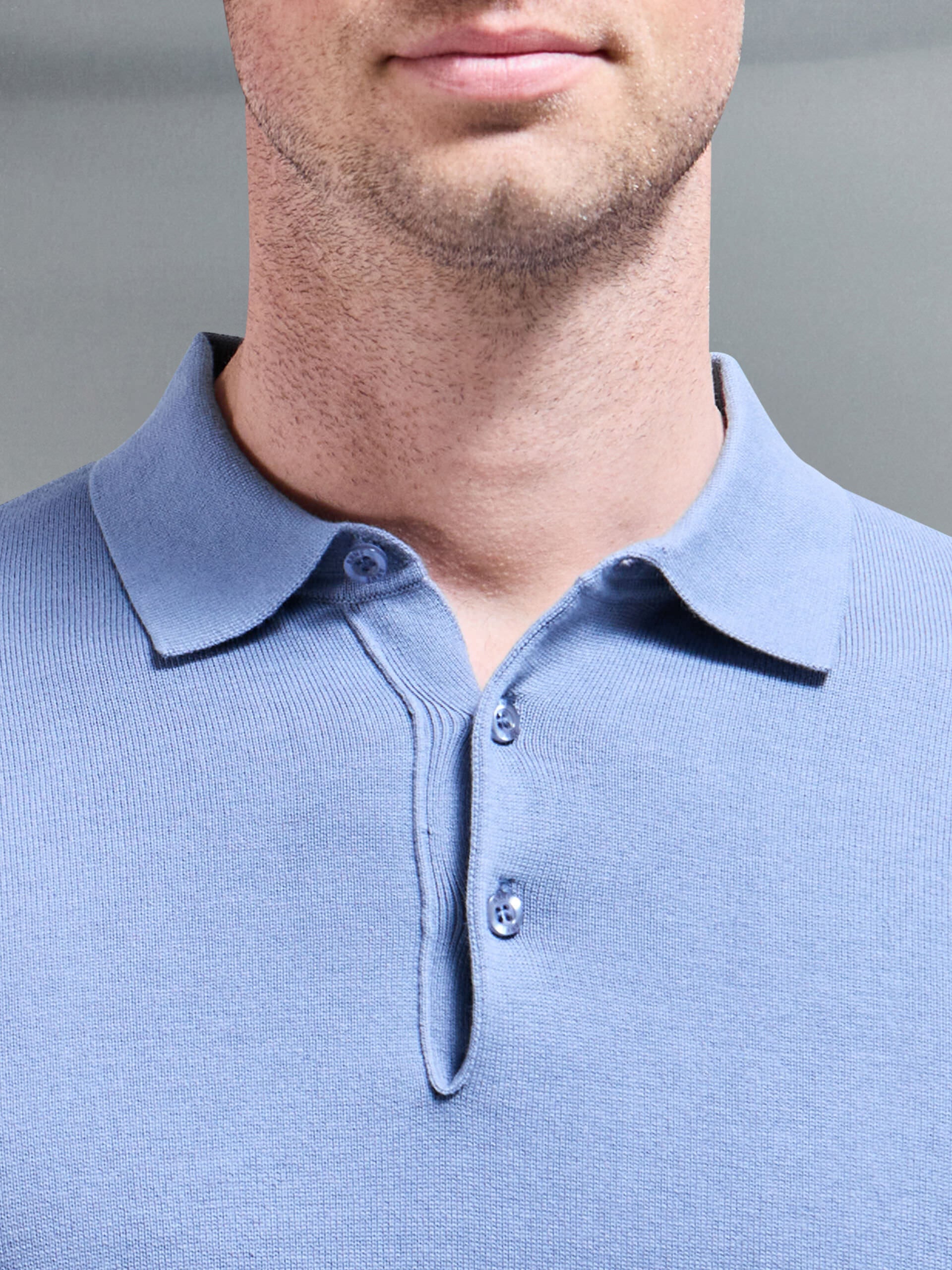 Cotton Knitted Long Sleeve Button Polo Shirt in Silk Blue
