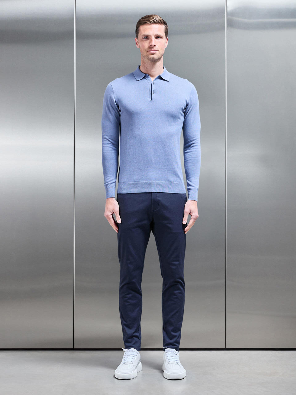 Cotton Knitted Long Sleeve Button Polo Shirt in Silk Blue