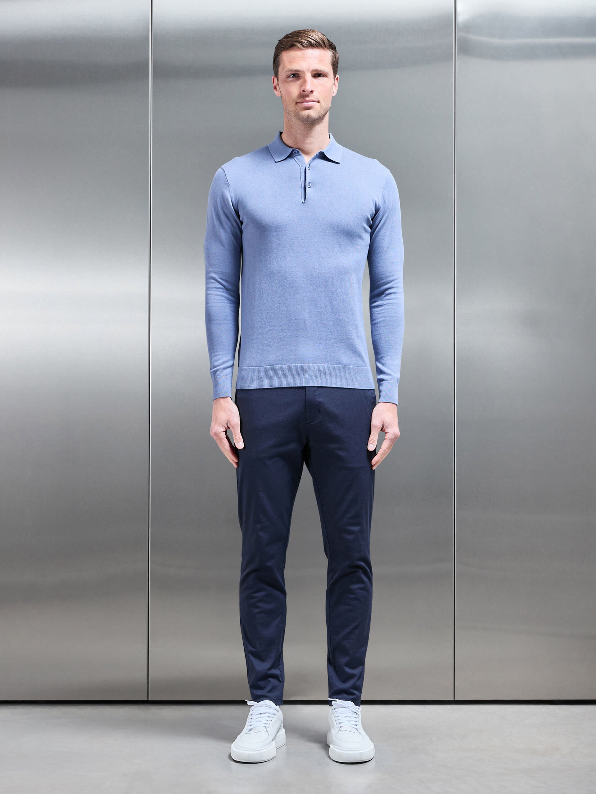 Cotton Knitted Long Sleeve Button Polo Shirt in Silk Blue