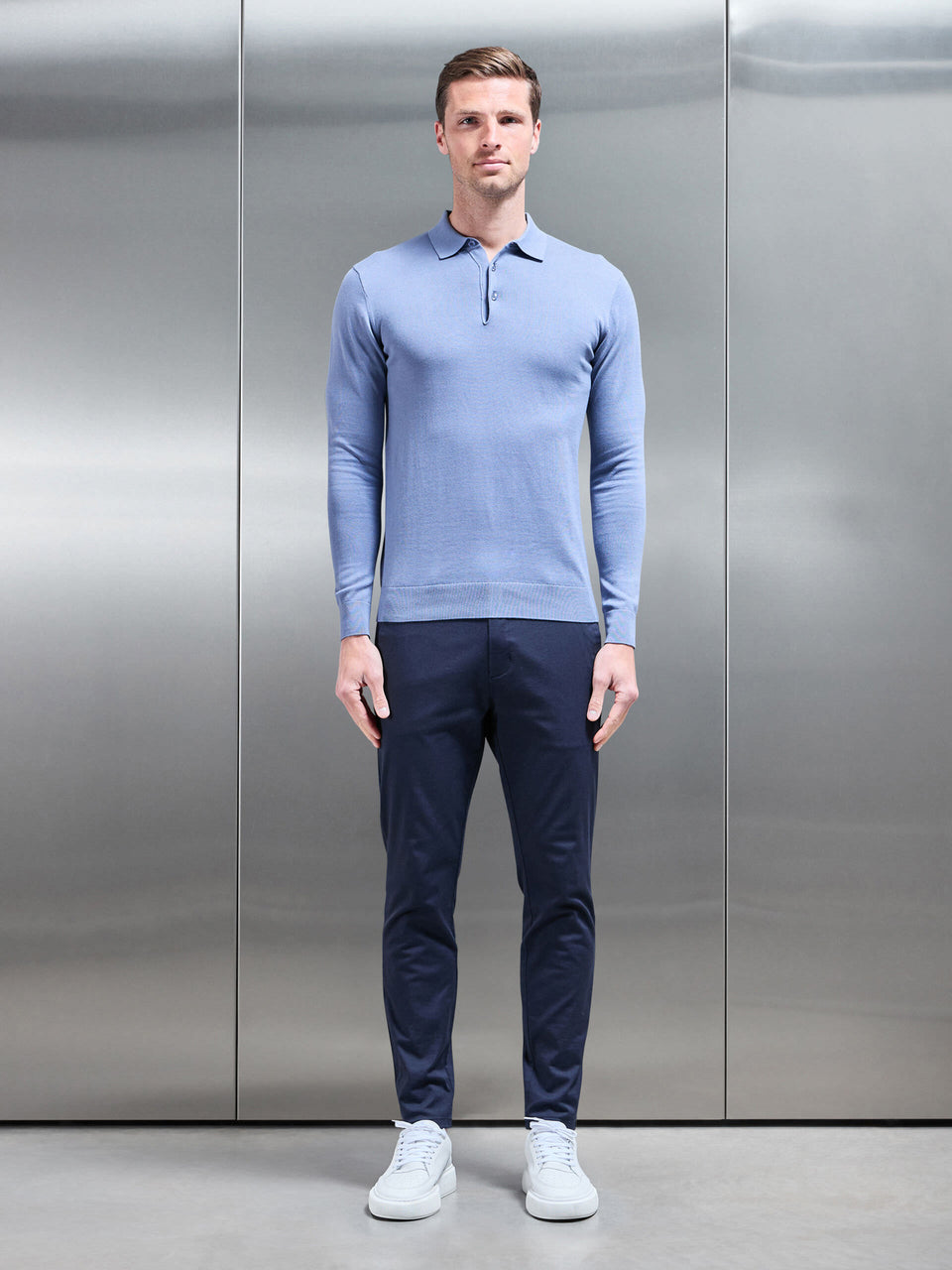 Cotton Knitted Long Sleeve Button Polo Shirt in Silk Blue