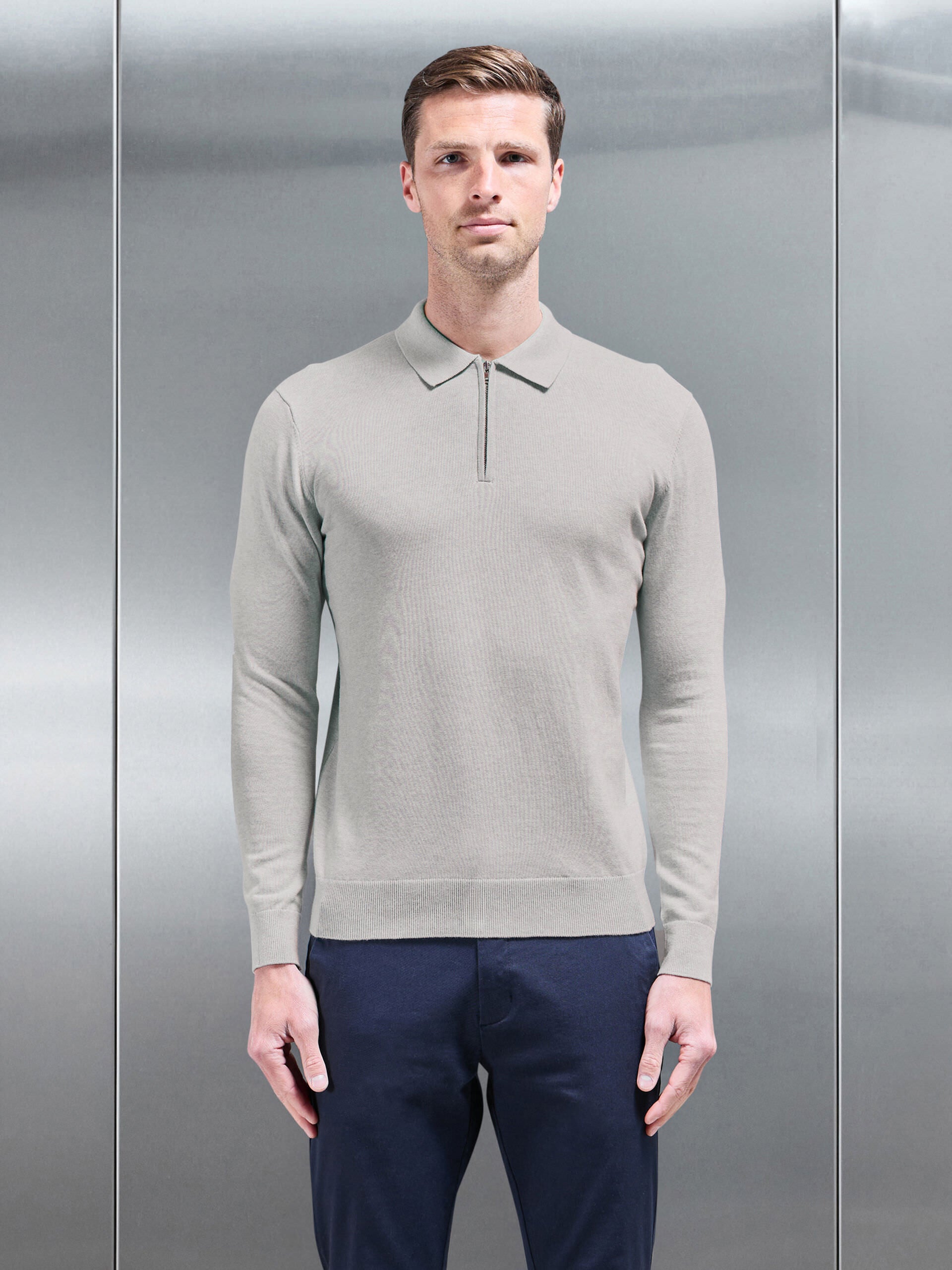 Cotton Knitted Long Sleeve Half Zip Polo Shirt in Oatmeal