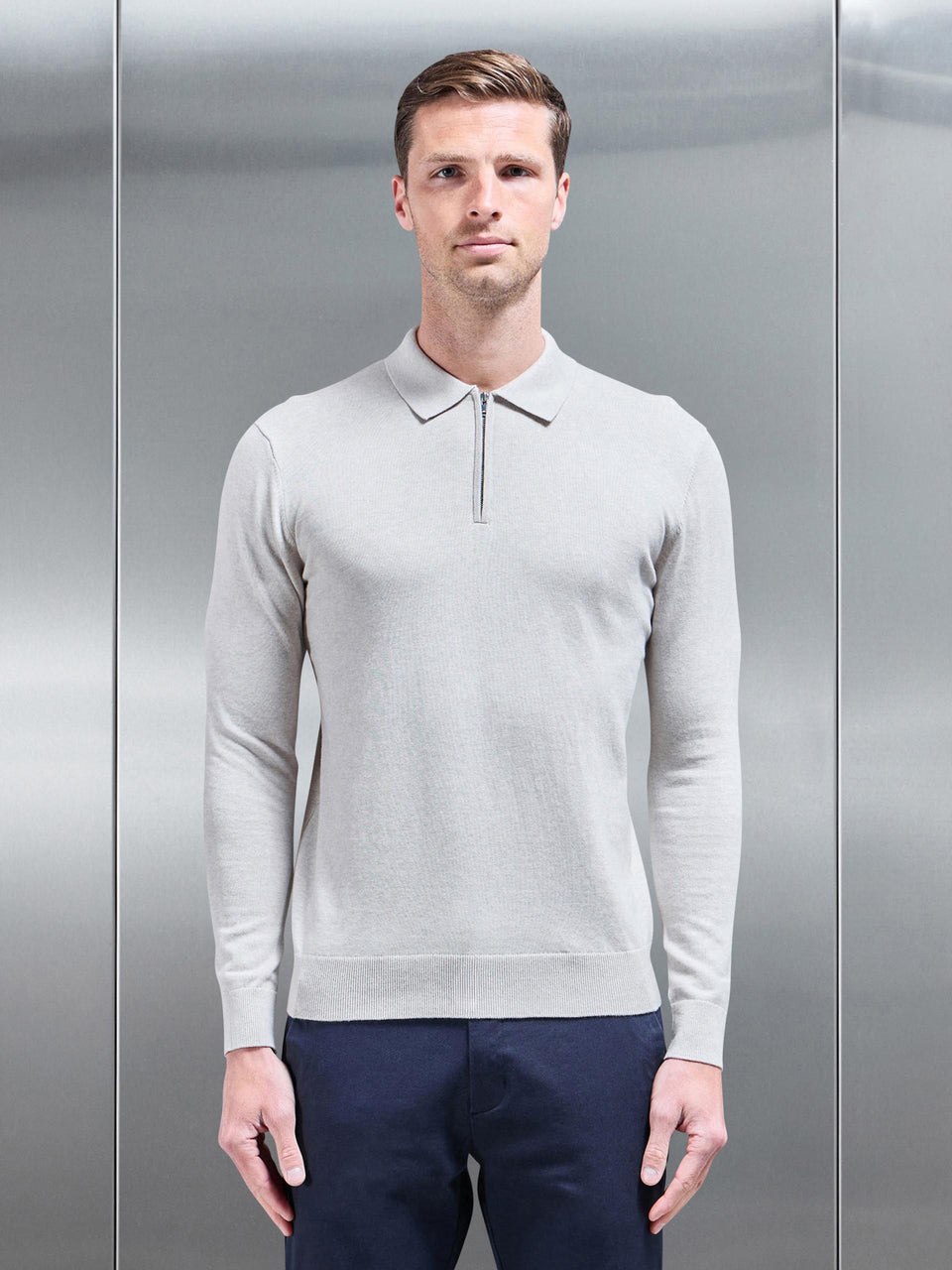 Cotton Knitted Long Sleeve Half Zip Polo Shirt in Oatmeal