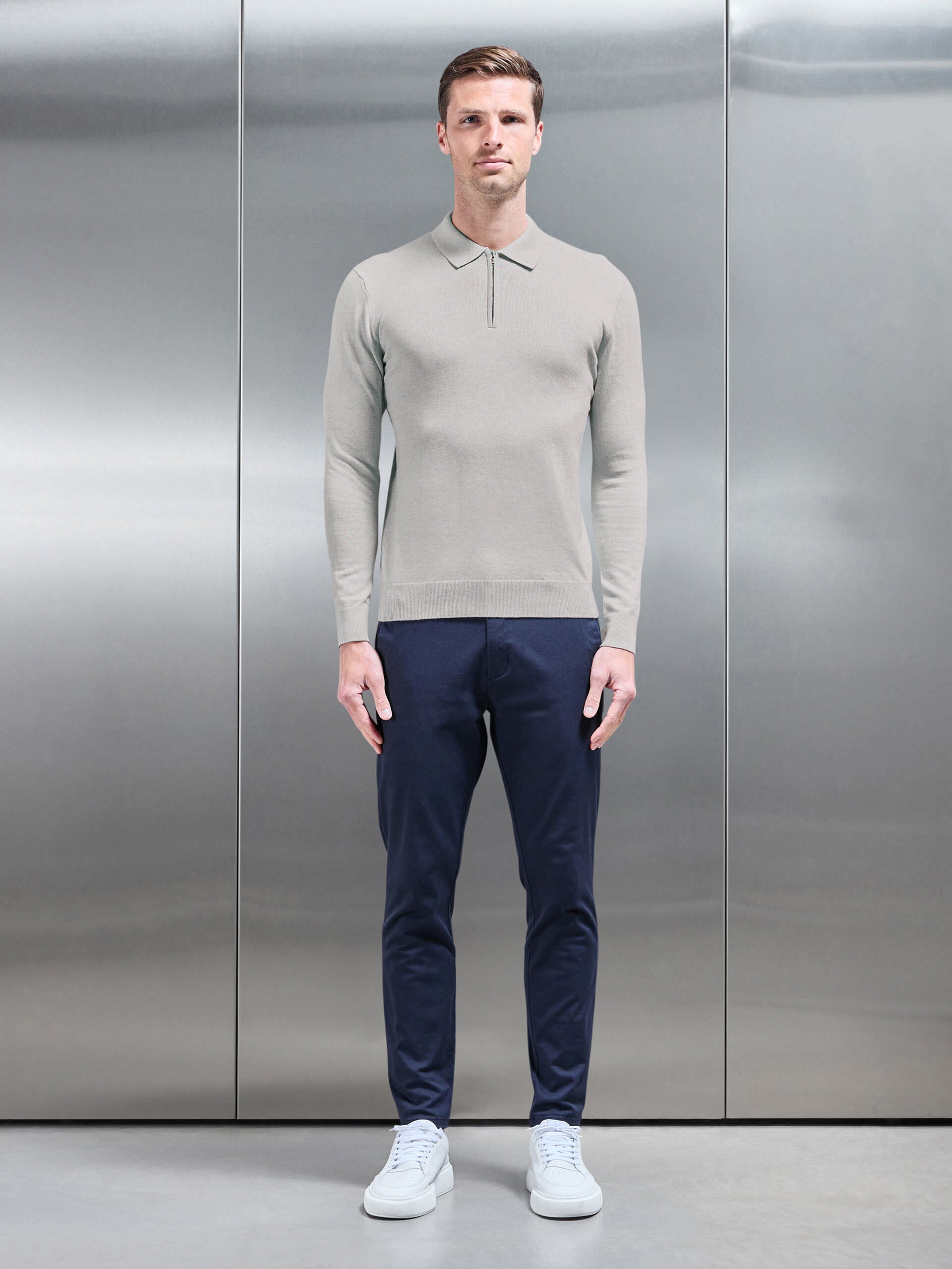 Cotton Knitted Long Sleeve Half Zip Polo Shirt in Oatmeal