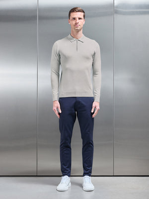 Cotton Knitted Long Sleeve Half Zip Polo Shirt in Oatmeal