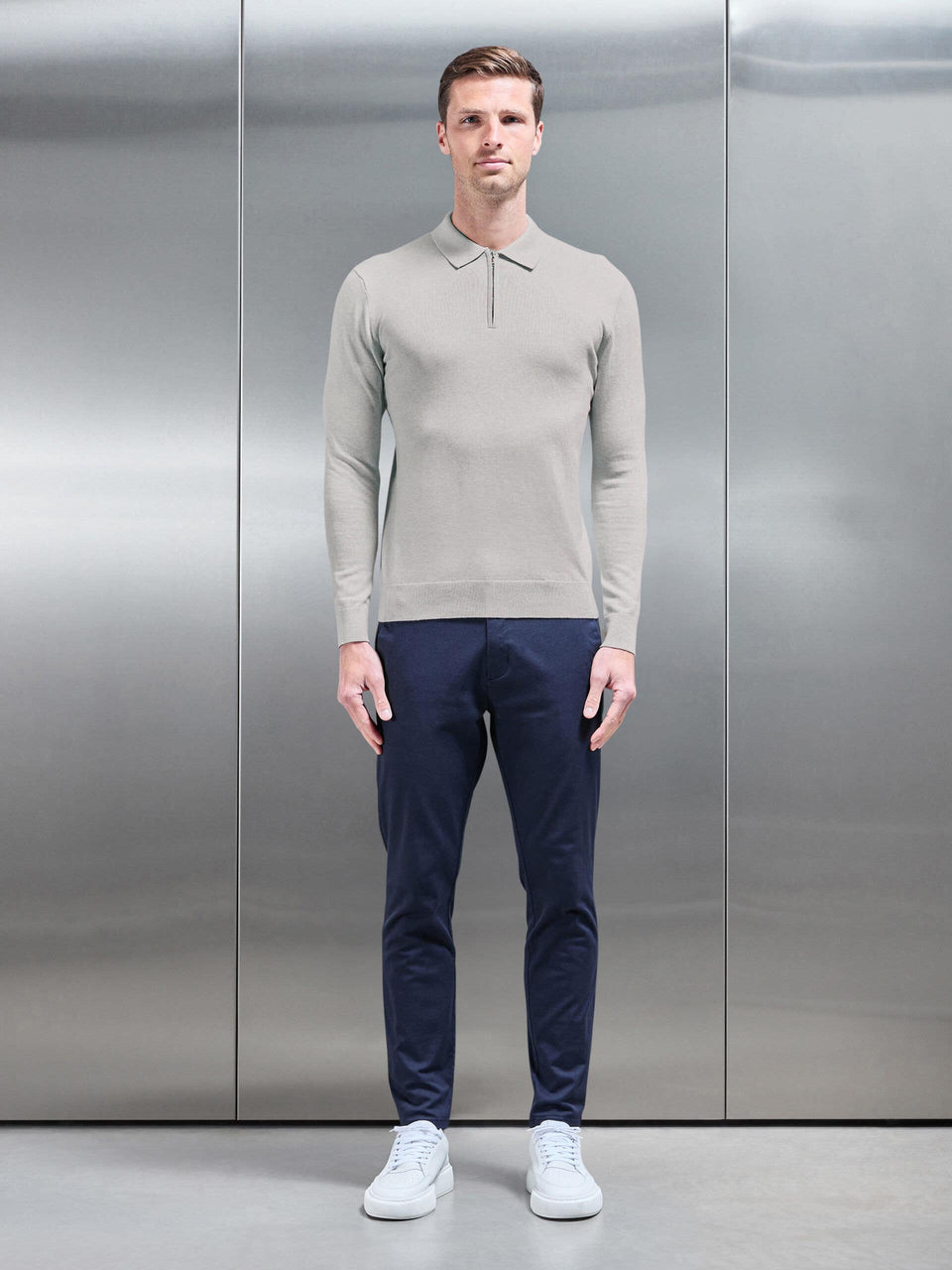 Cotton Knitted Long Sleeve Half Zip Polo Shirt in Oatmeal