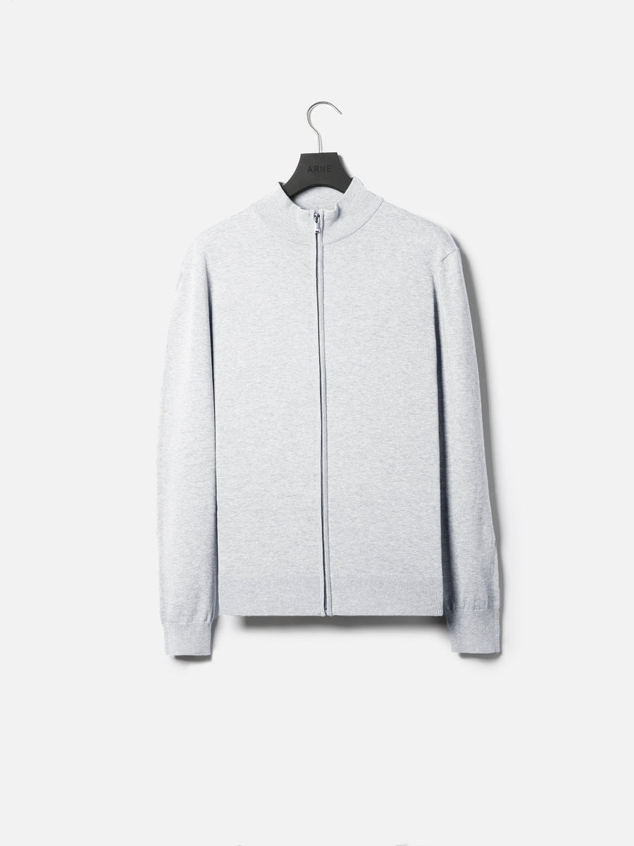 Cotton Knitted Zip Through Jacket in Marl Grey