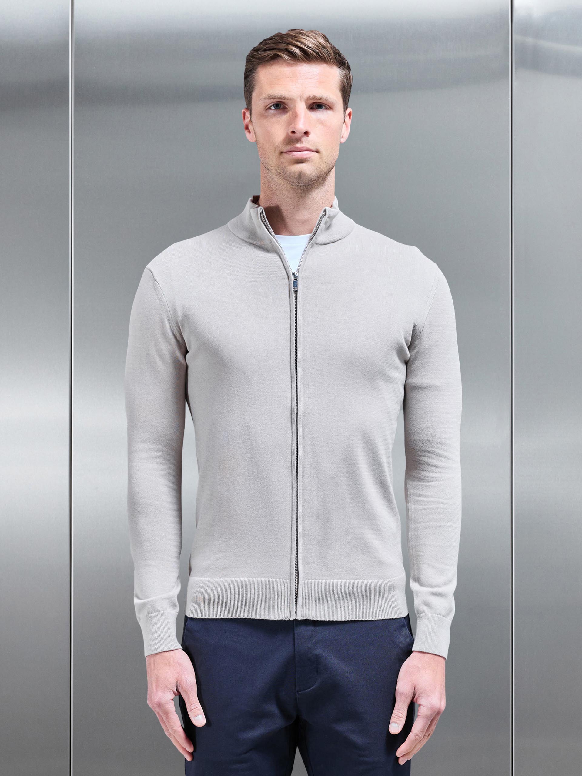 Cotton Knitted Zip Through Jacket in Stone