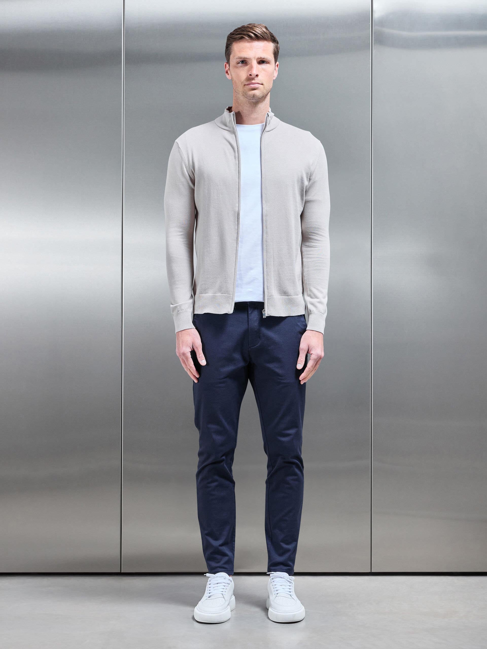 Cotton Knitted Zip Through Jacket in Stone