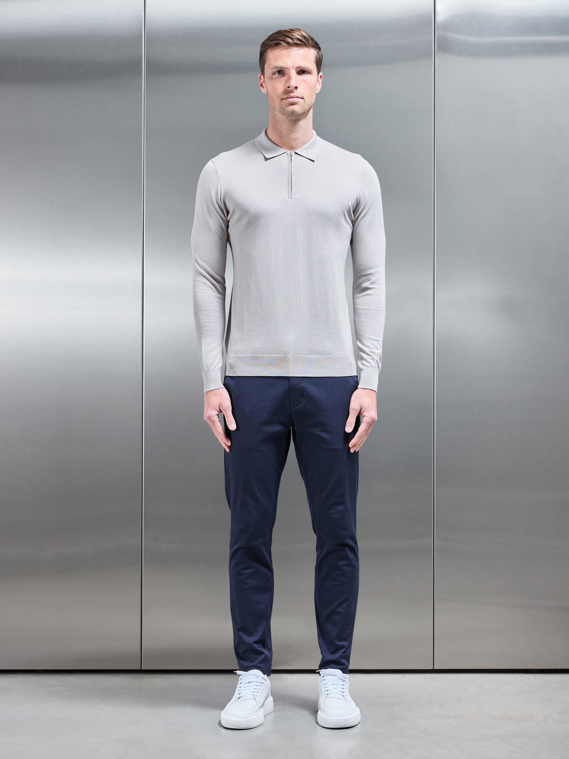Cotton and Silk Long Sleeve Zip Polo Shirt in Stone
