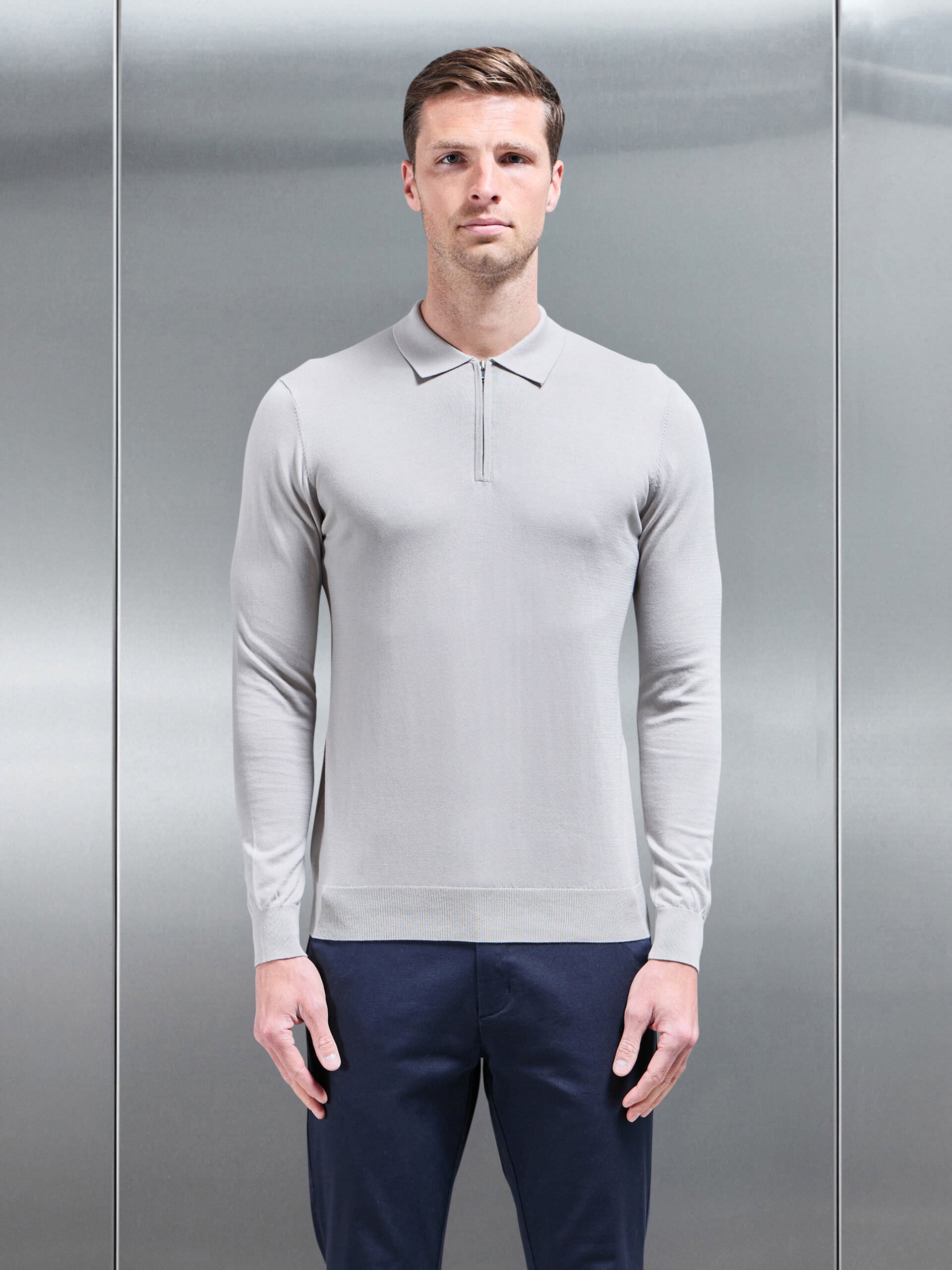 Cotton and Silk Long Sleeve Zip Polo Shirt in Stone