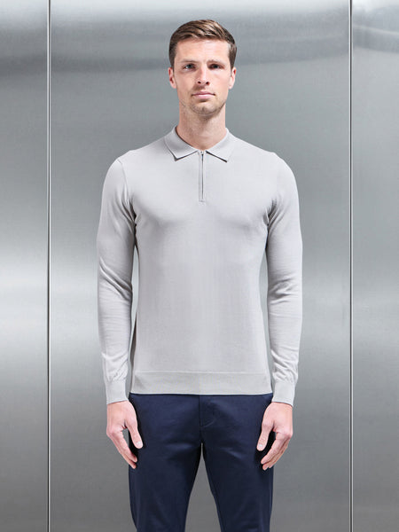Cotton and Silk Long Sleeve Zip Polo Shirt in Stone